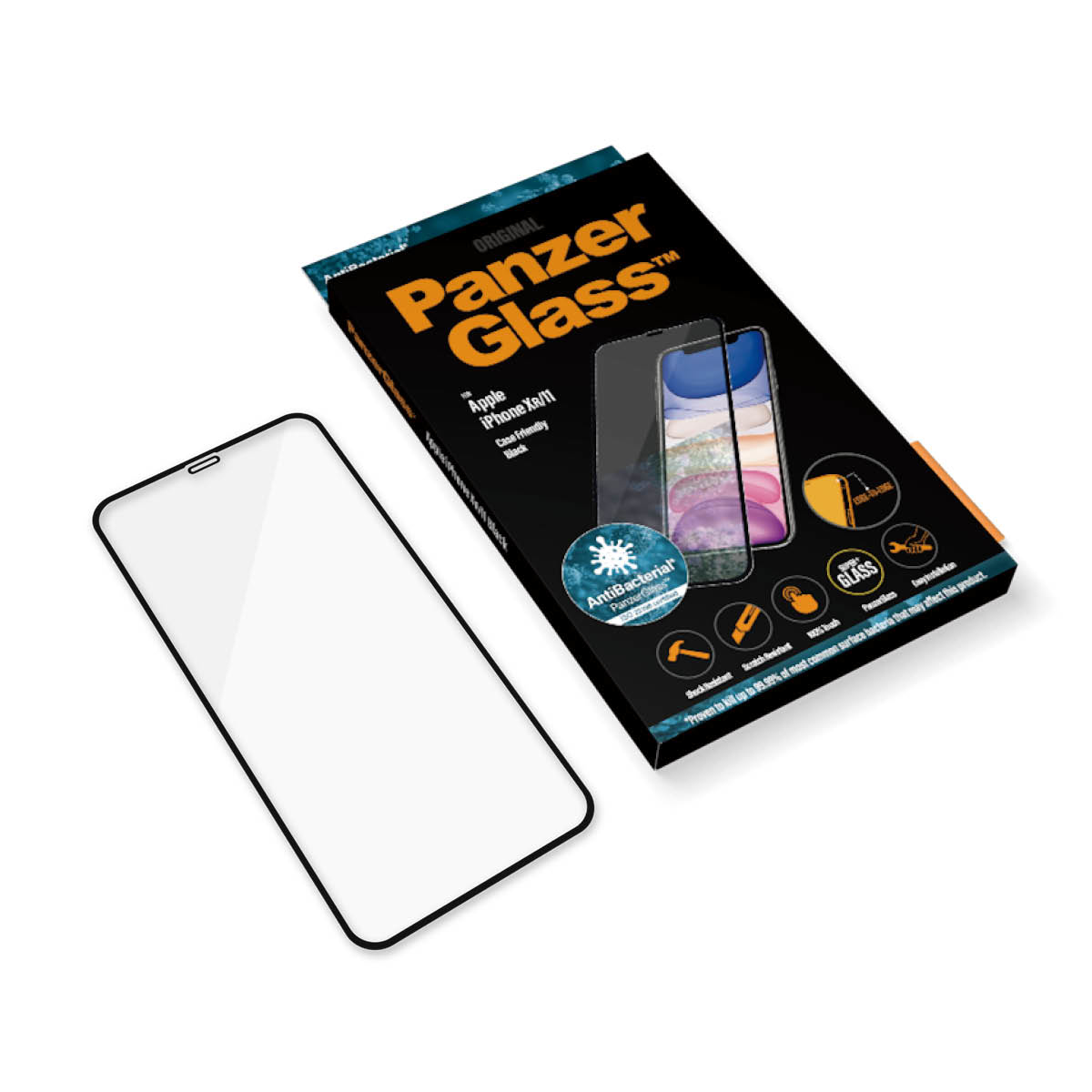 Boîte et protecteur d'écran Panzer Glass. Montre un iPhone, avec un logo antibactérien.