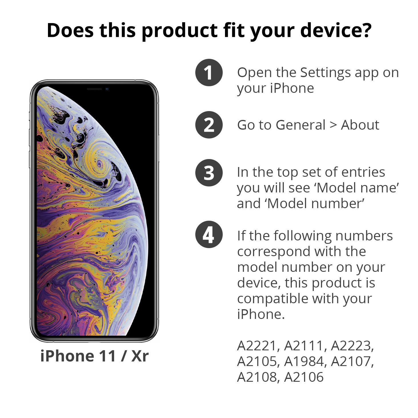 Un iPhone avec du texte et des numéros pour montrer le modèle de l'appareil correct pour que le produit s'adapte.
