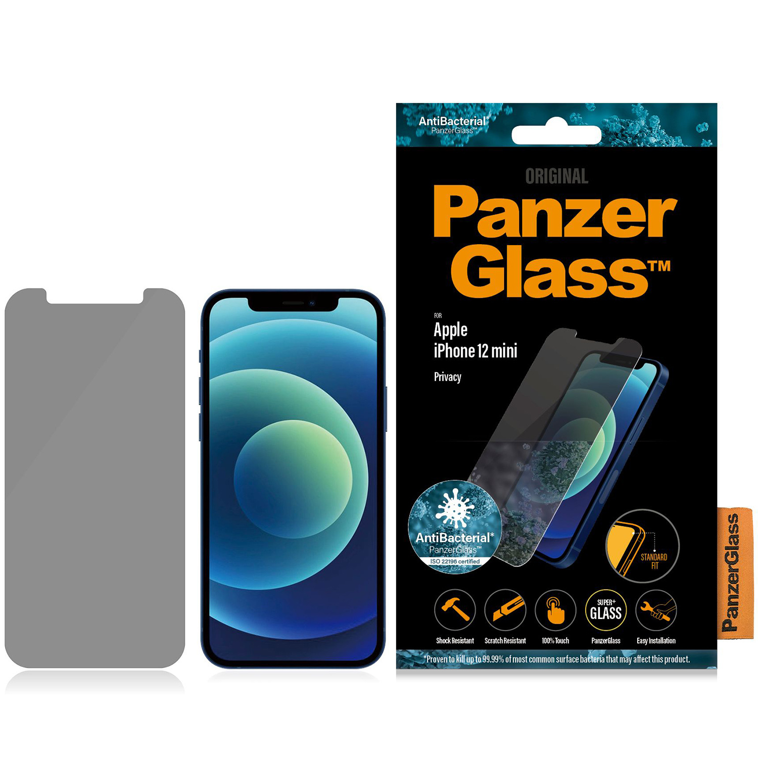Confezione per protezione schermo PanzerGlass, con telefono e protezione schermo.