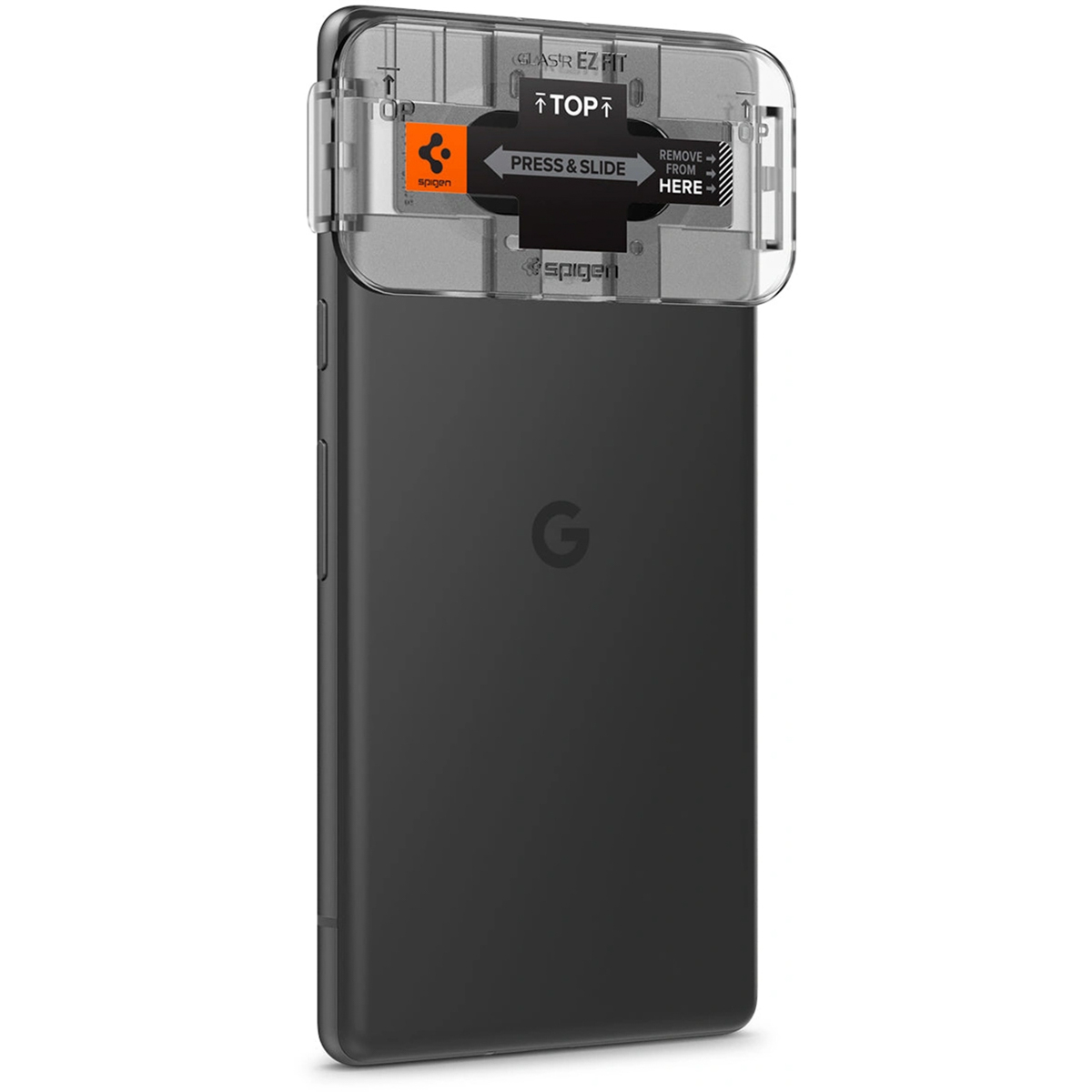 Un téléphone noir avec un protecteur d'écran transparent. Le protecteur a un cadre noir et le logo 'Spigen'.