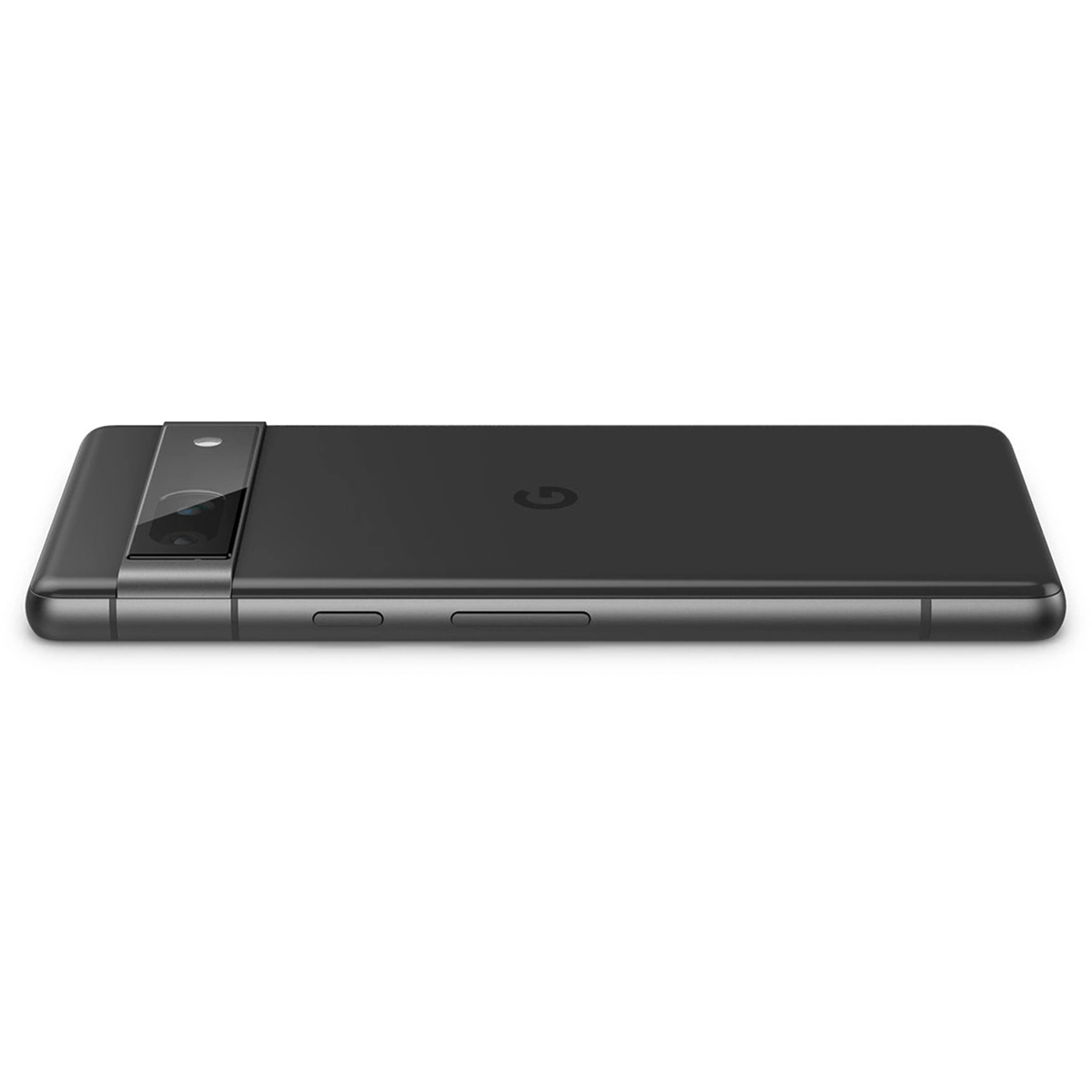 Téléphone noir vu de côté. La caméra est visible. Le téléphone est à plat. C'est un Google Pixel.