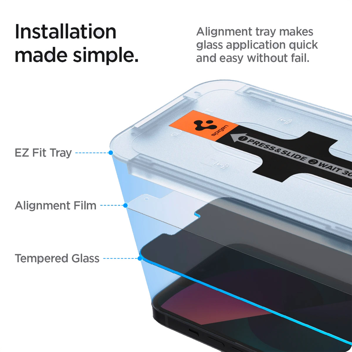 Zestaw do instalacji osłony ekranu. Telefon na dole. Tekst: Prosta instalacja. Tacka do wyrównywania.
