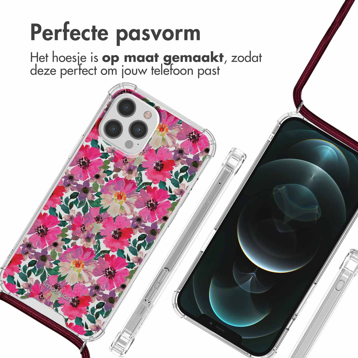 Coque de téléphone avec motif floral rose et lanière. Téléphone à droite.