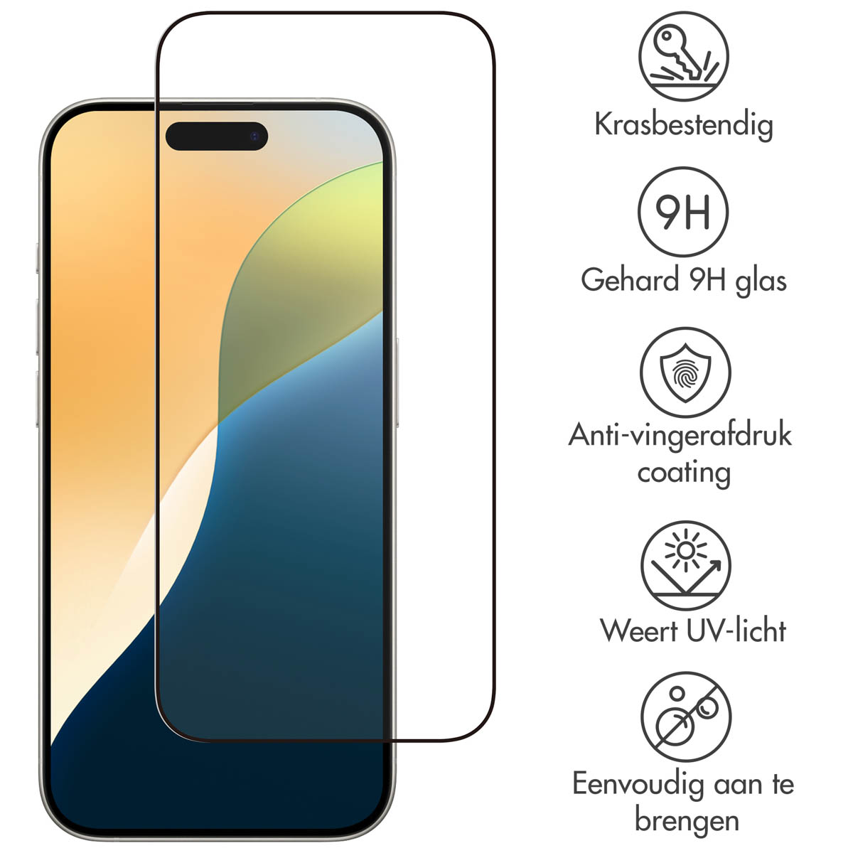 Téléphone avec un protecteur d'écran appliqué. Icônes à droite, y compris la résistance aux rayures et la protection UV.