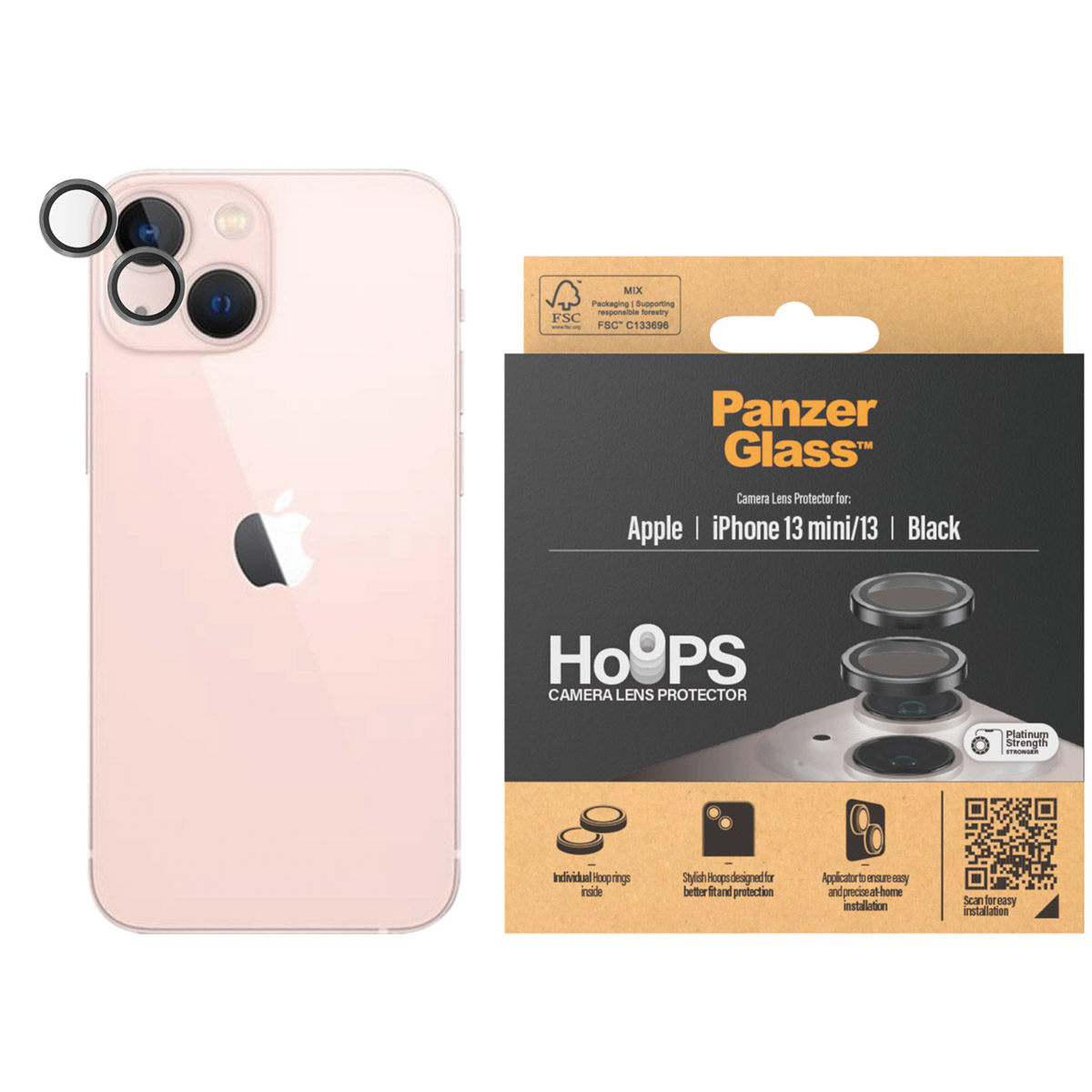 Un iPhone rose avec des protecteurs d'objectif de caméra et une boîte de protecteurs d'objectif PanzerGlass.