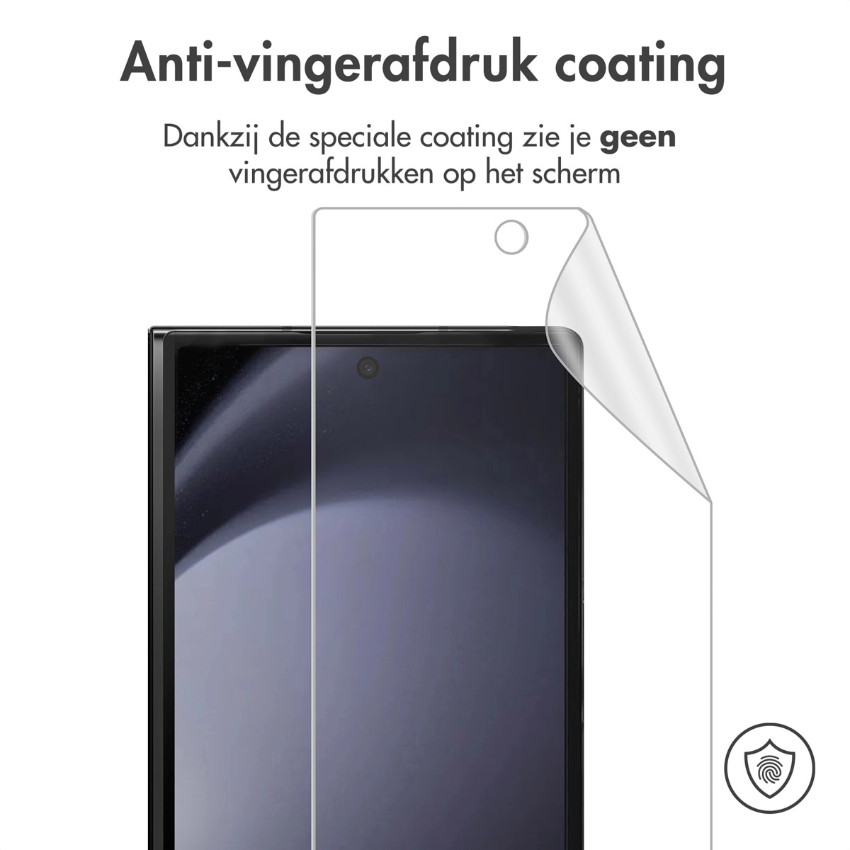 A phone with a screen protector being peeled off. The text 'Anti-fingerprint coating' is visible.