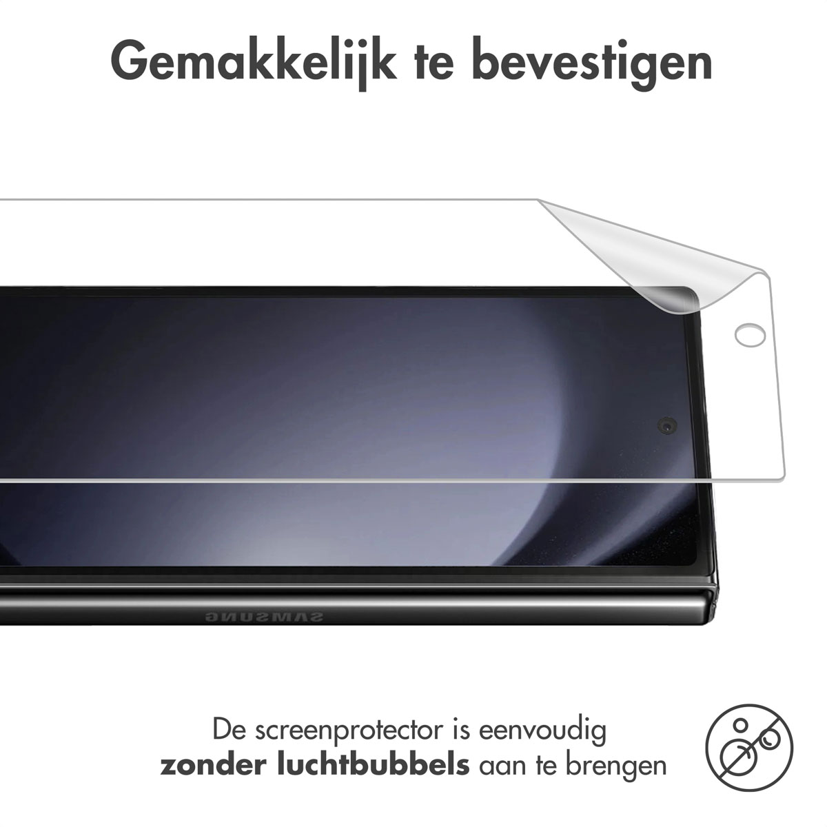 A phone screen protector being applied to a phone screen with text in Dutch on the image.