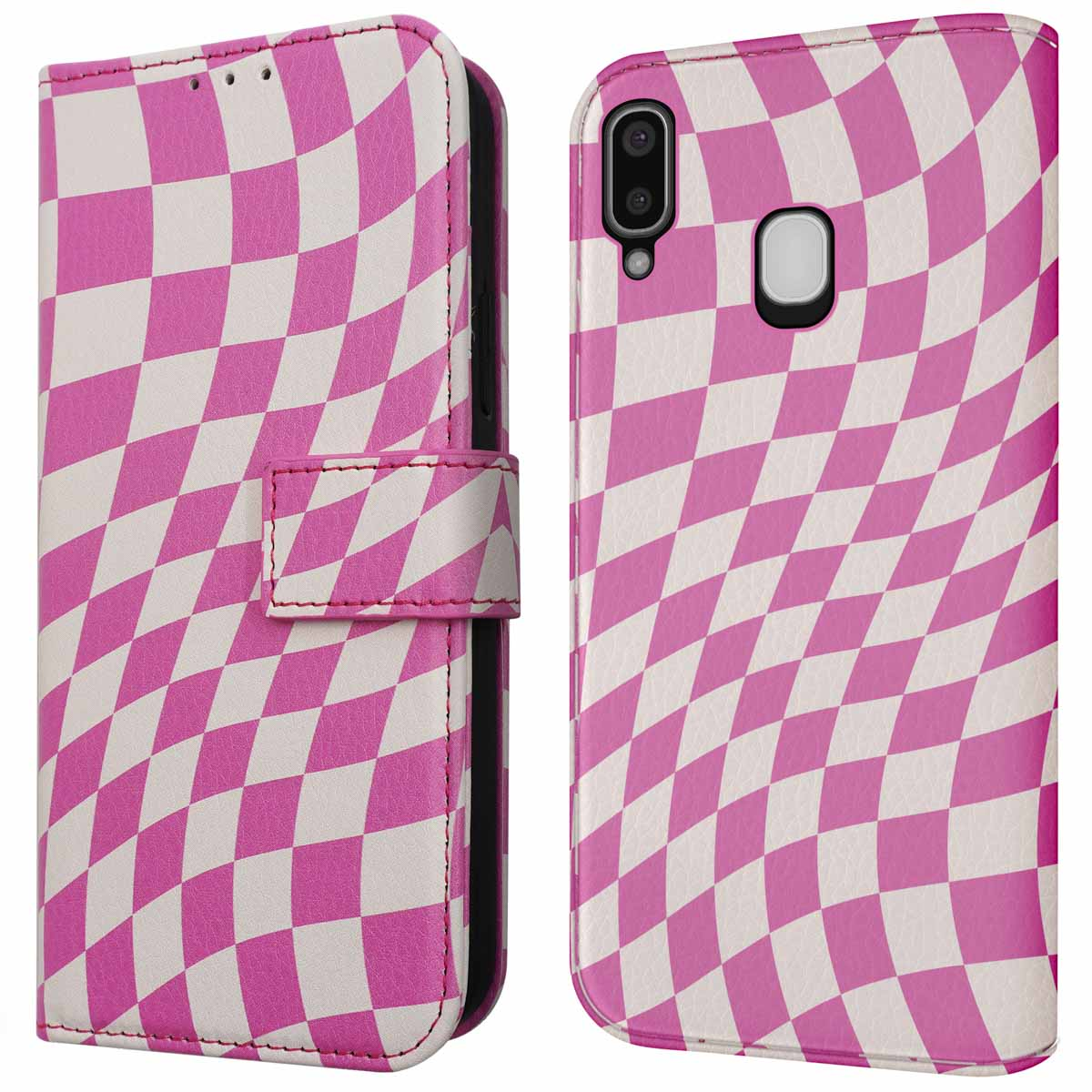 Roze en witte dambord telefoonhoes, gesloten en open weergaven.