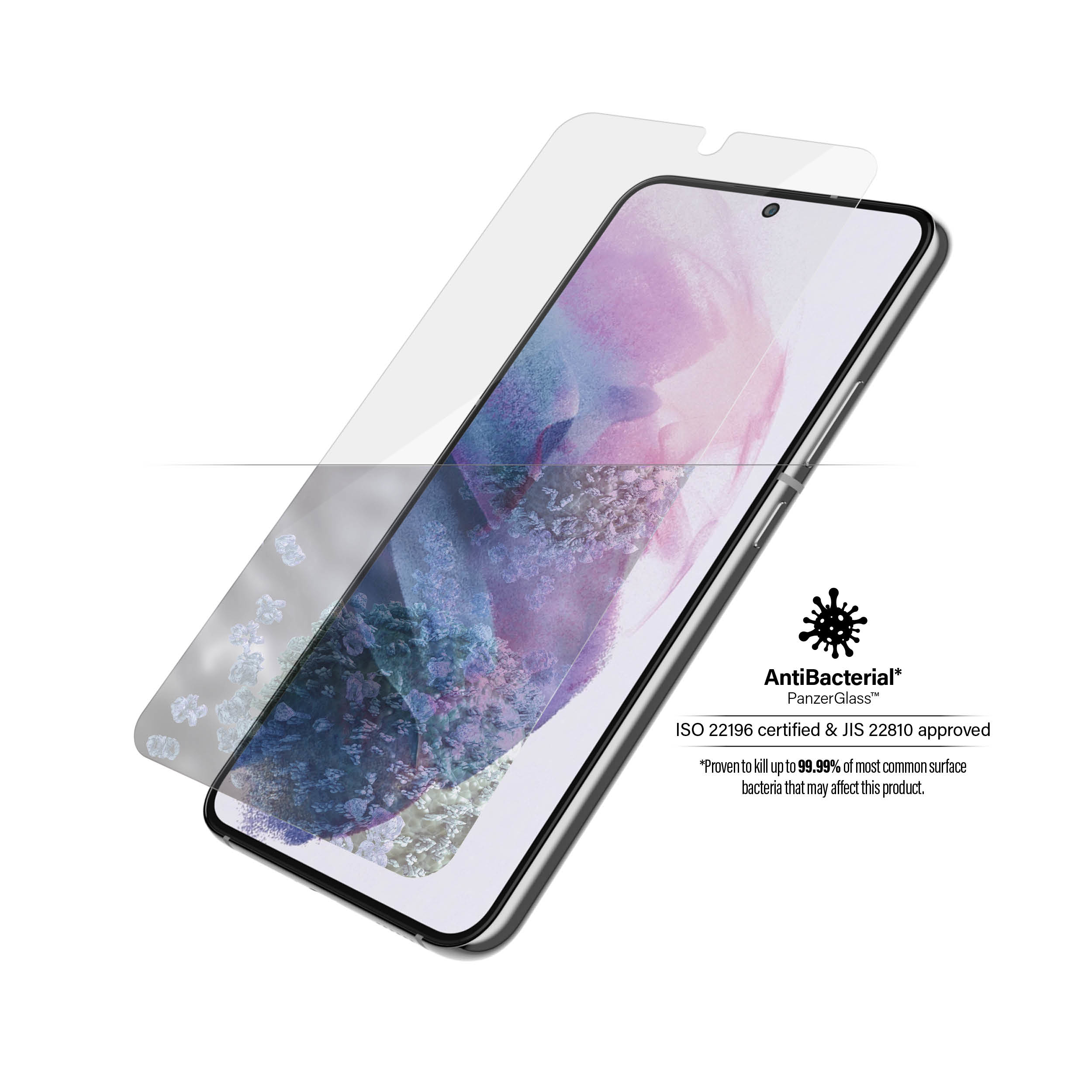 Telefoon met schermbeschermer. De beschermer wordt op de telefoon aangebracht.