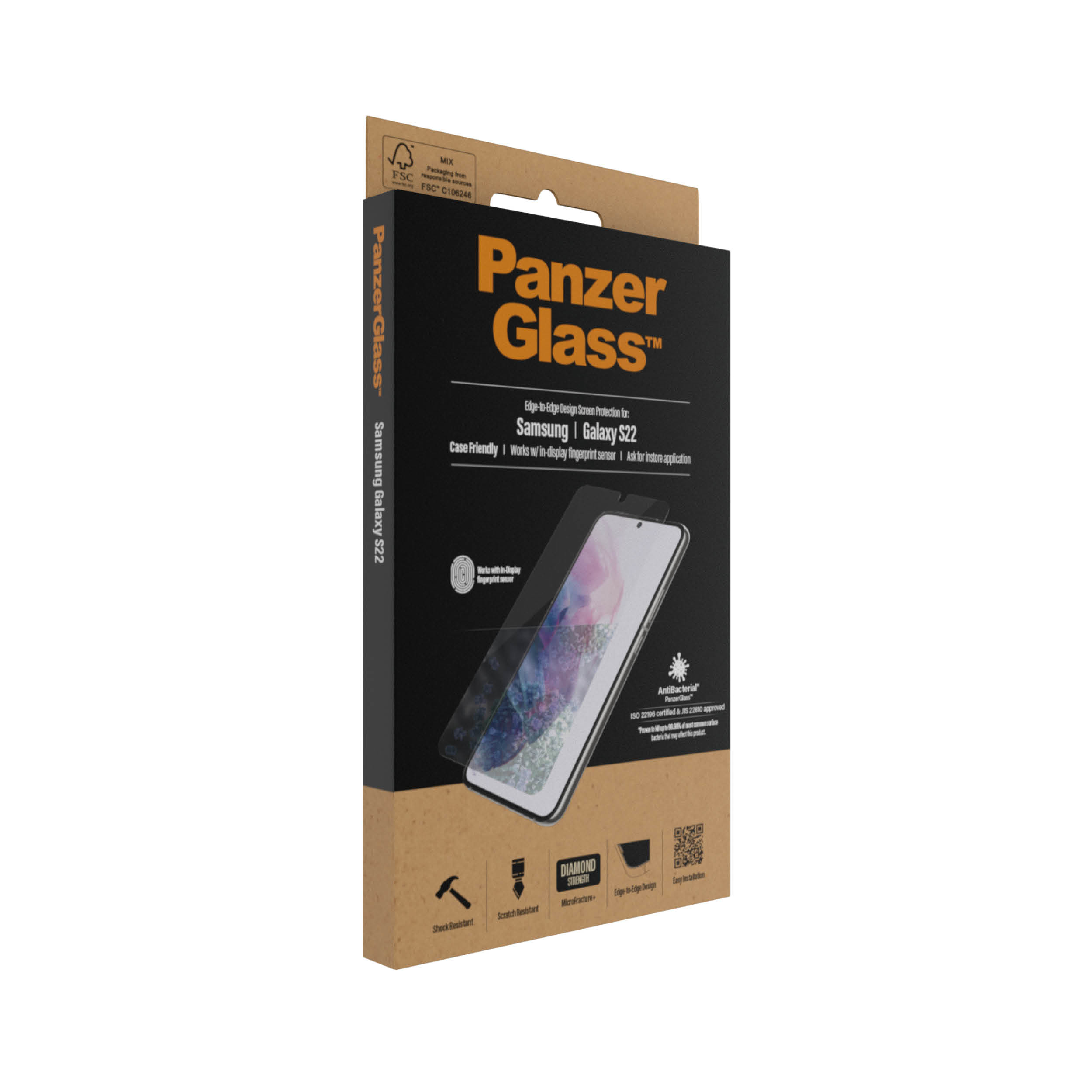 Een doosje PanzerGlass schermbeschermers voor een Samsung Galaxy S22, met een beschermer erin.
