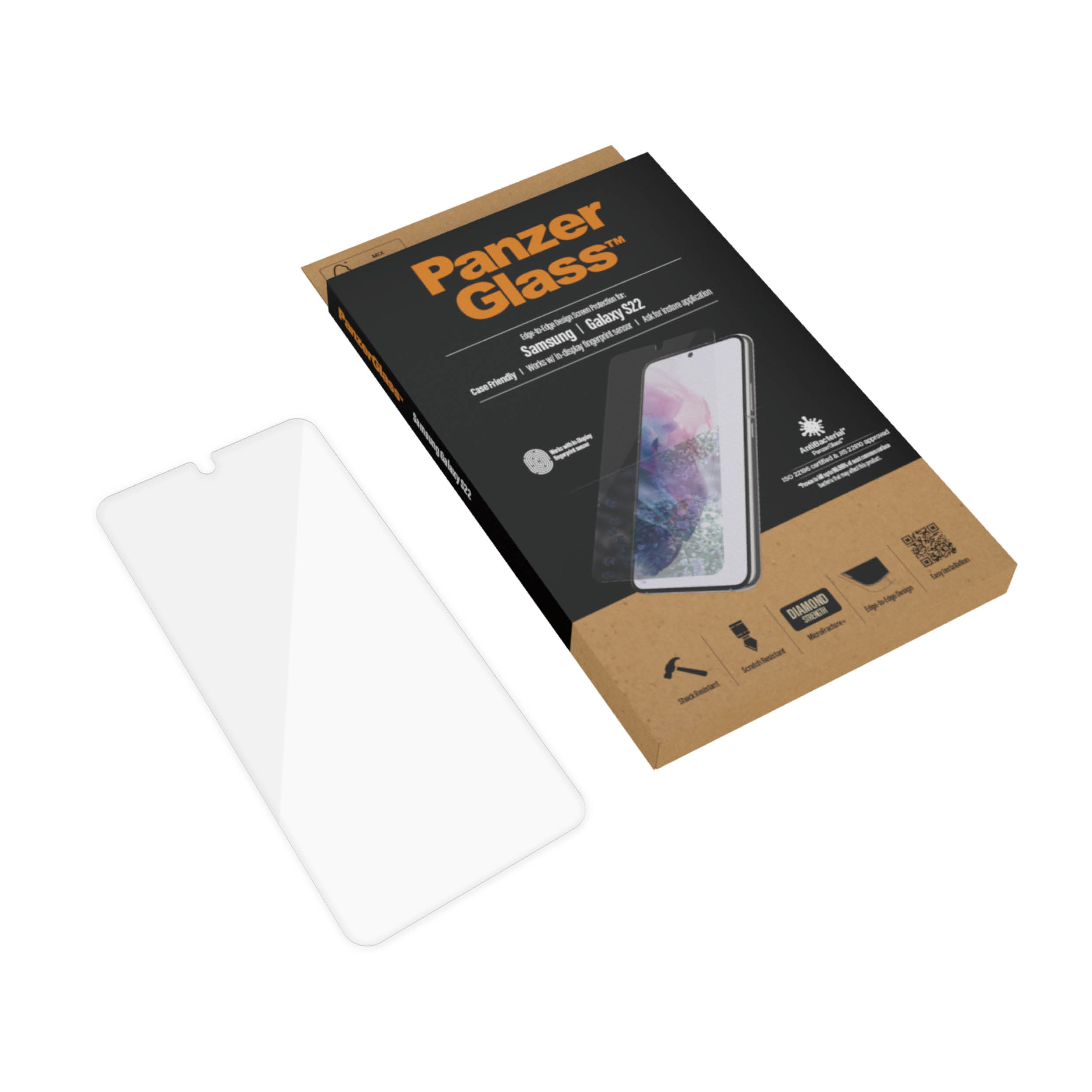 Verpakking voor een telefoon screenprotector. De protector is zichtbaar, de telefoon in de doos.