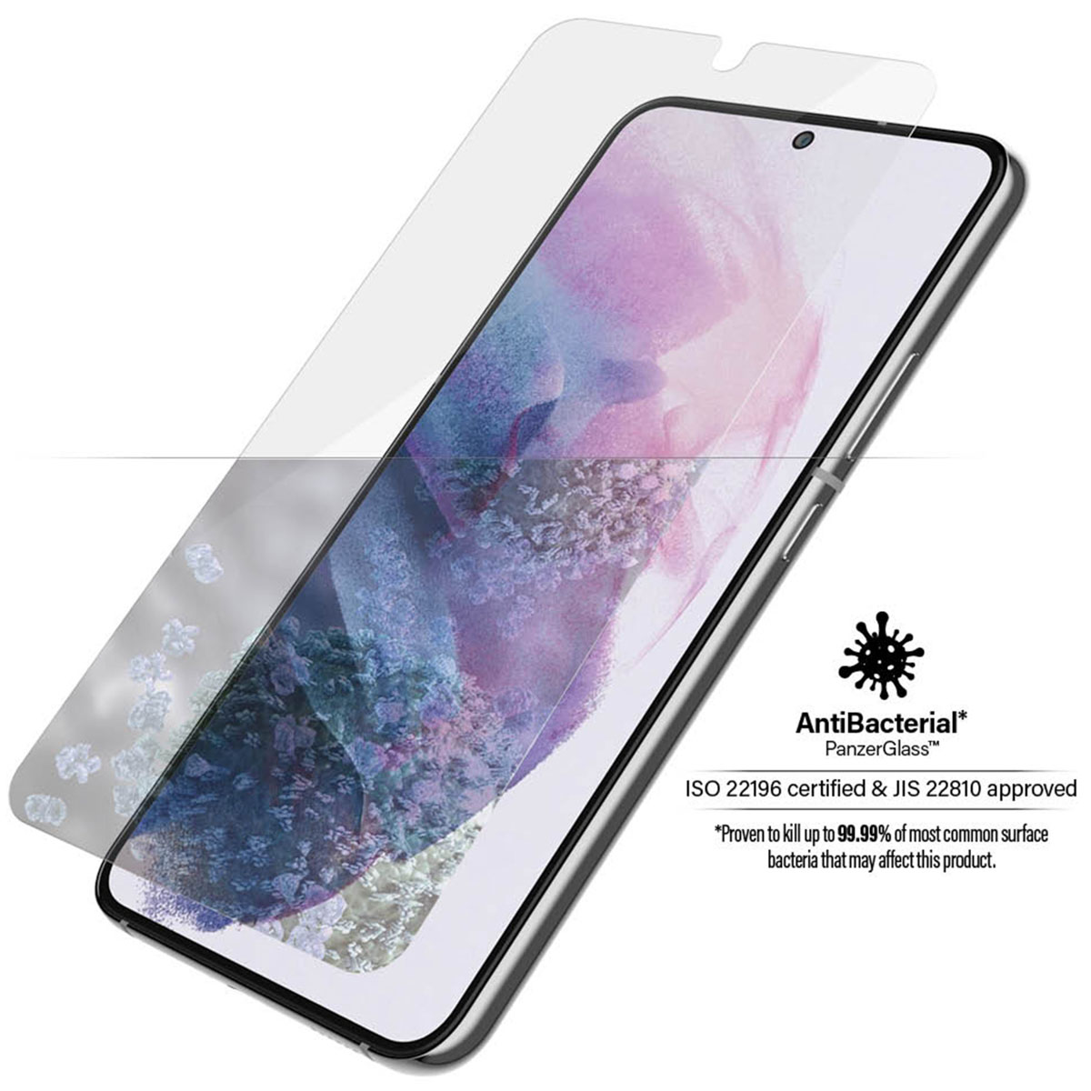 Telefoon met schermbeschermer. Tekst: Antibacterieel PanzerGlass. Telefoon toont een heldere, kleurrijke afbeelding.