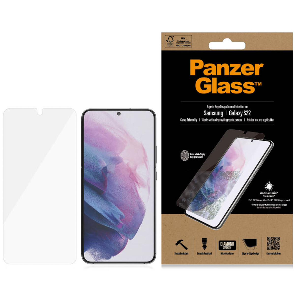Schermbeschermerdoos met een telefoon en schermbeschermer. Tekst vermeldt: Diamantsterkte.
