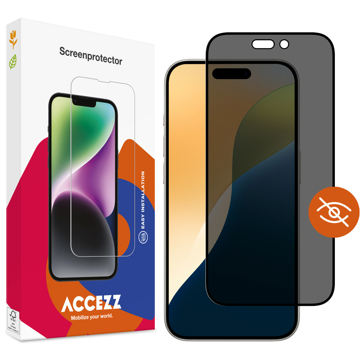 Telefoonschermbeschermer in een doos, met een telefoon en een schermbeschermer.