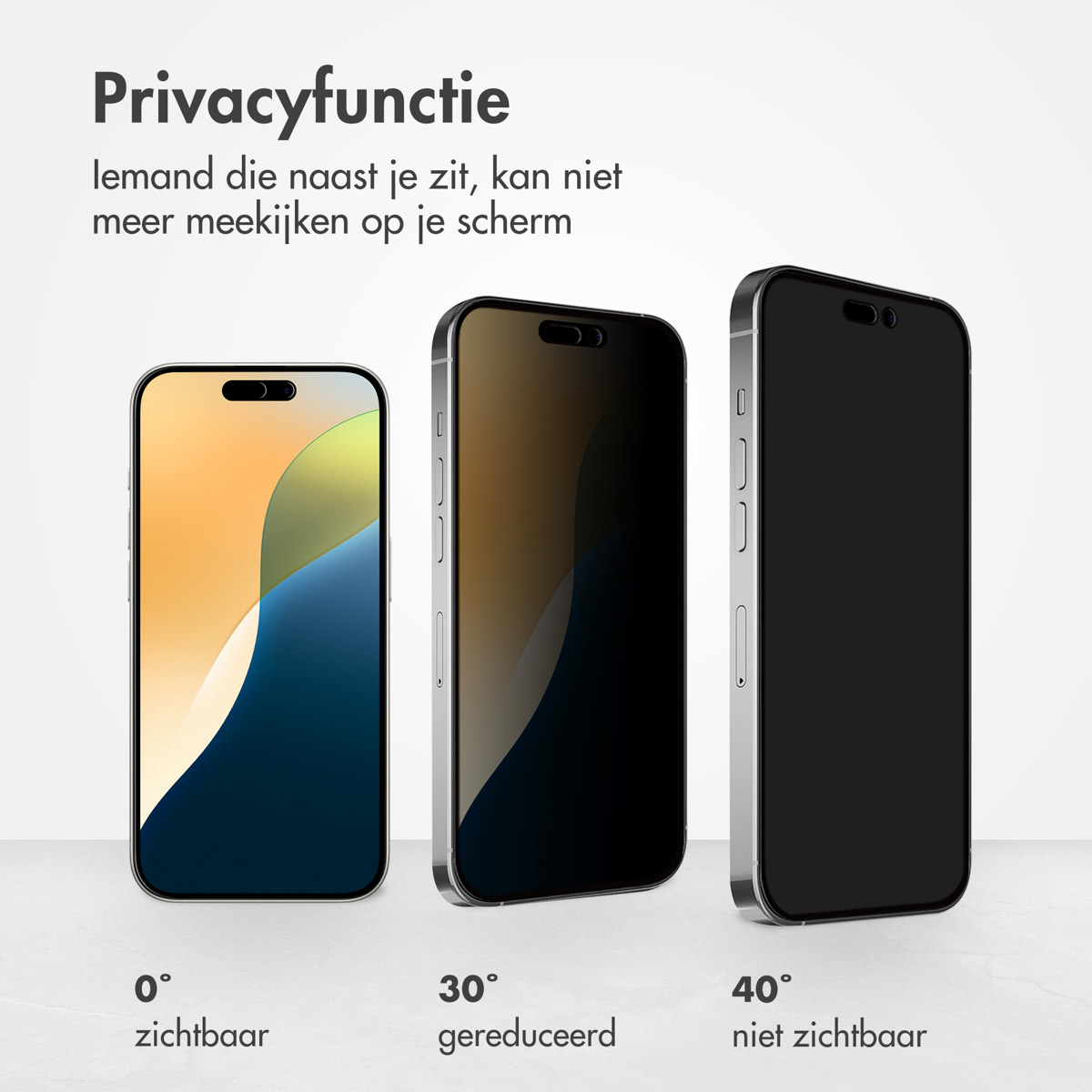Drie telefoons die de privacy schermfunctie laten zien: zichtbaar, verminderd en niet zichtbaar, met hoeken gelabeld.