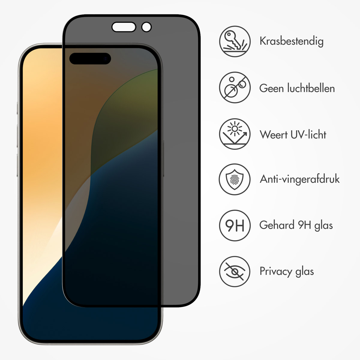 Telefoon en privacy schermbeschermer. Pictogrammen tonen functies zoals krasbestendigheid.