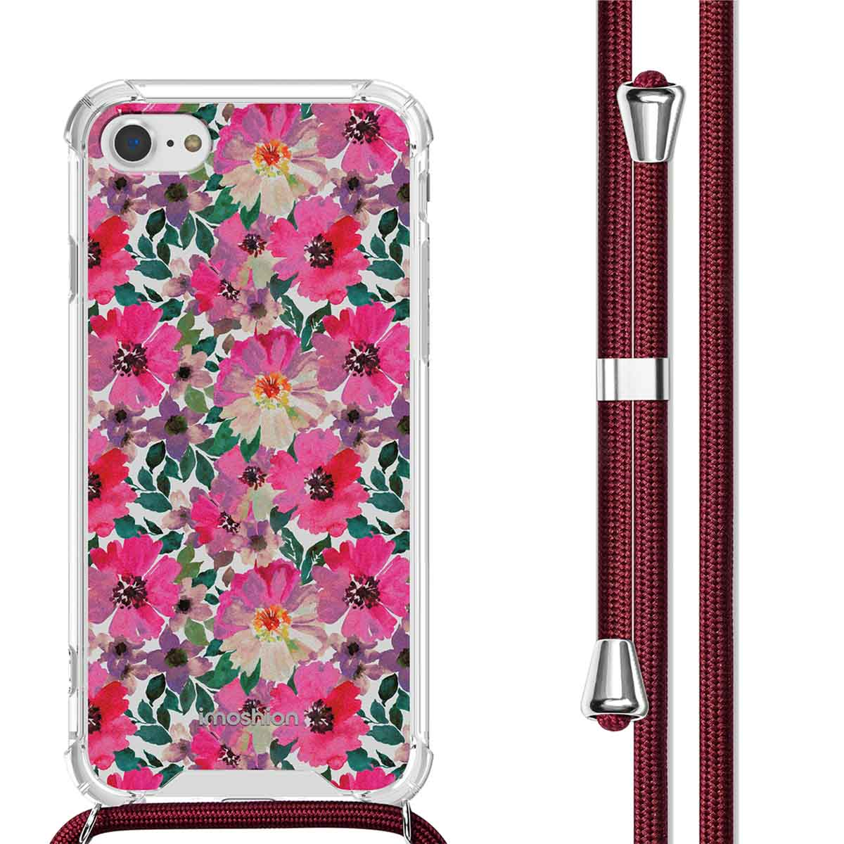 Transparante telefoonhoes met bloemenontwerp en een koord. De telefoon heeft een kleurrijk bloemenontwerp. Rood koord.