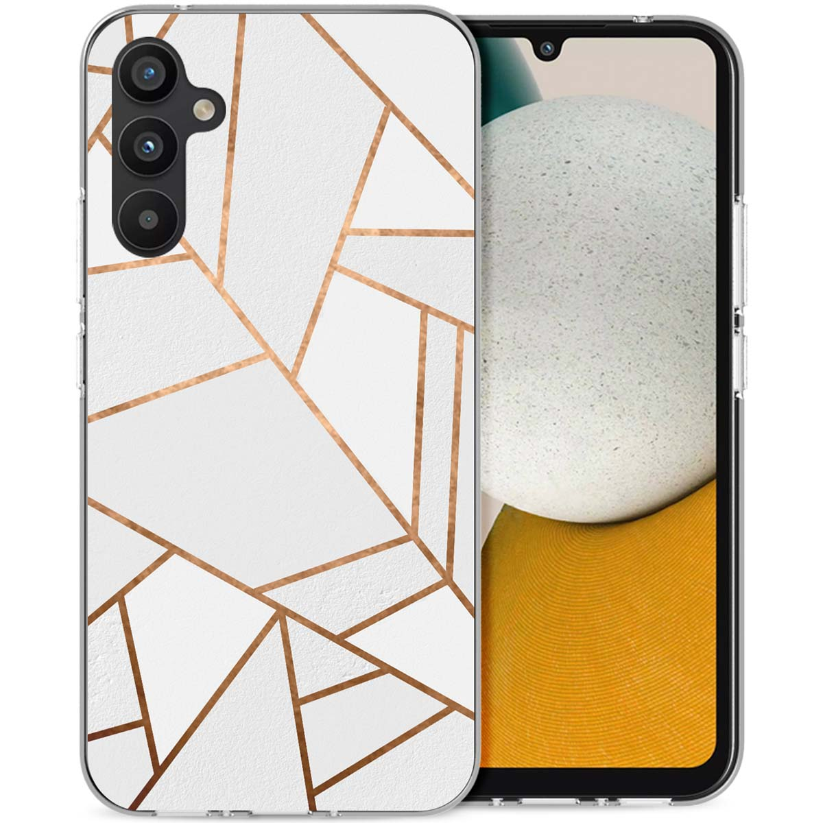 Witte telefoonhoes met gouden geometrisch patroon. De telefoon zit in de hoes.