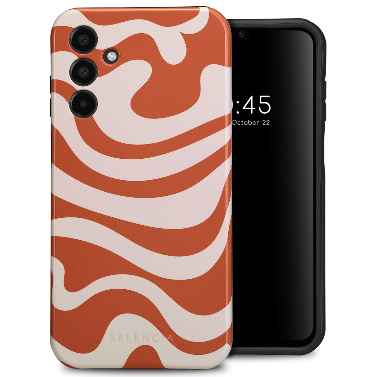 Telefoonhoesje met golvend ontwerp. Zwarte telefoon rechts.
