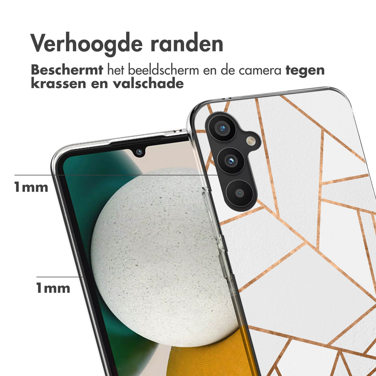 Telefoonhoesje met een geometrisch patroon. De telefoon is zichtbaar binnenin, met verhoogde randen.