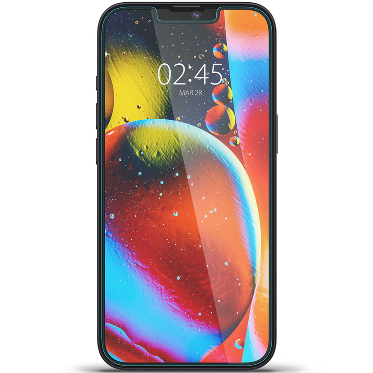 Ekran smartfona pokazuje godzinę. Abstrakcyjne tło z kolorowymi kroplami oleju. Czarna ramka.