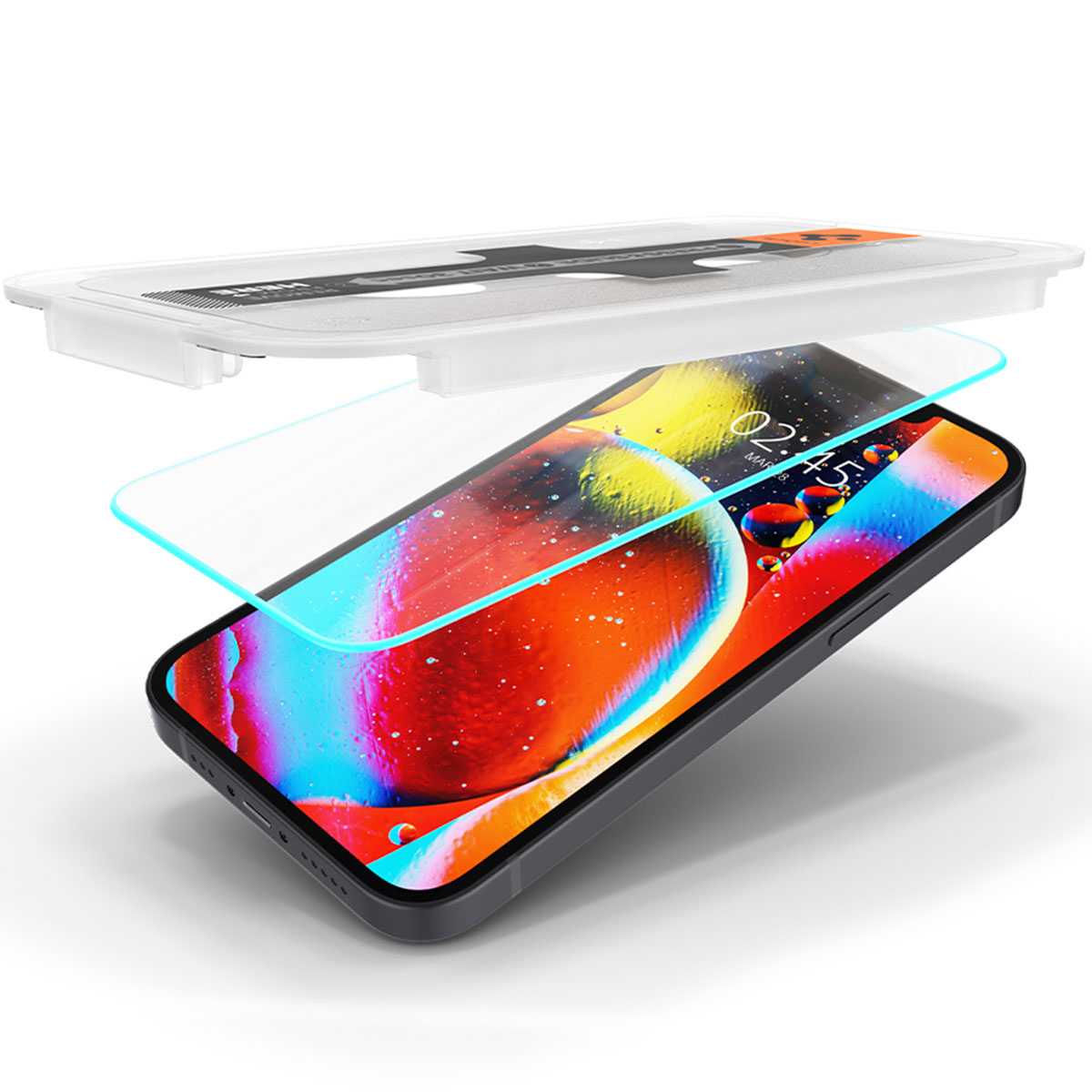 Telefon z ochraniaczem ekranu i zestawem instalacyjnym. Tekst wspomina: Ochraniacz ekranu.