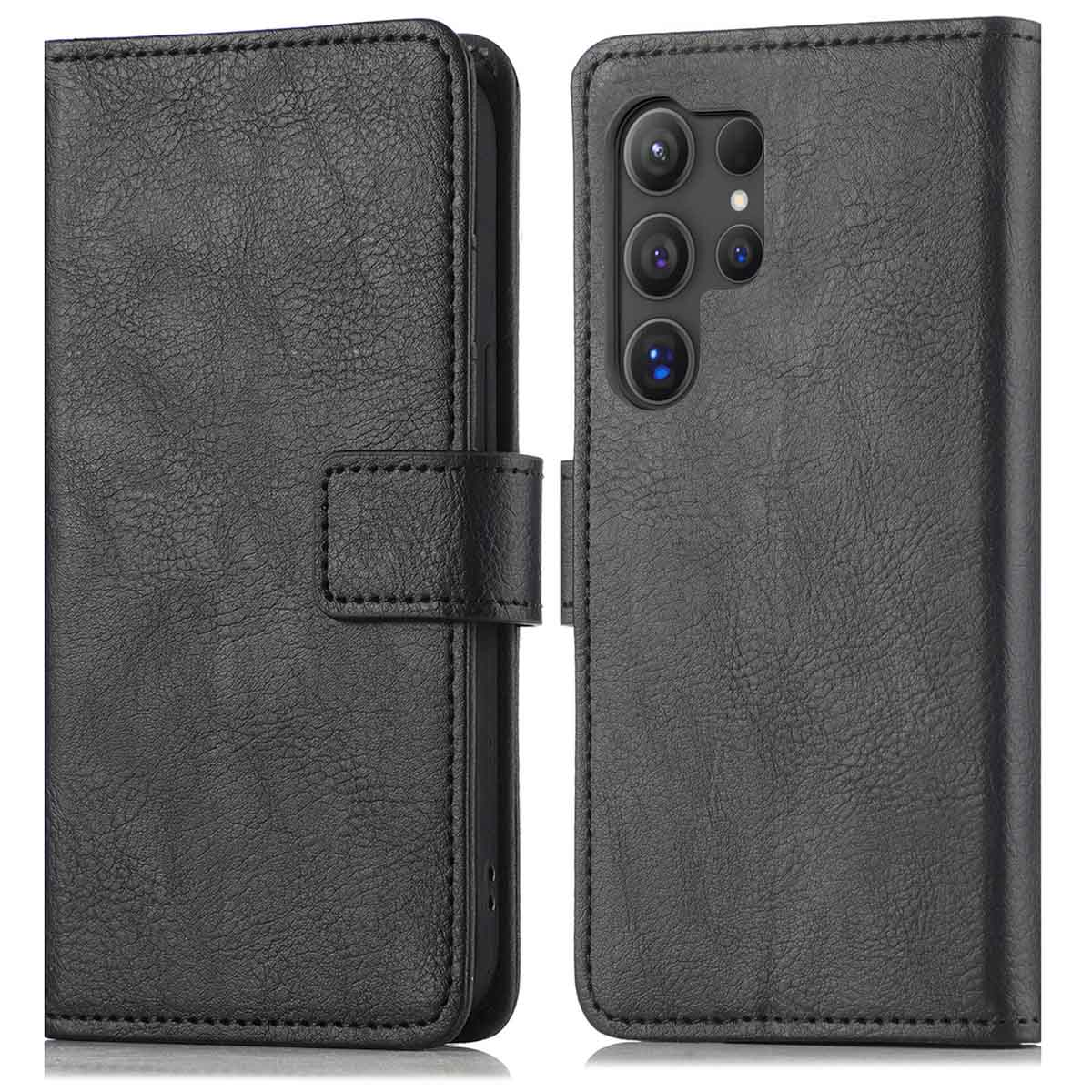 Étui de téléphone en cuir noir, ouvert, affichant l'arrière du téléphone avec des lentilles de caméra.