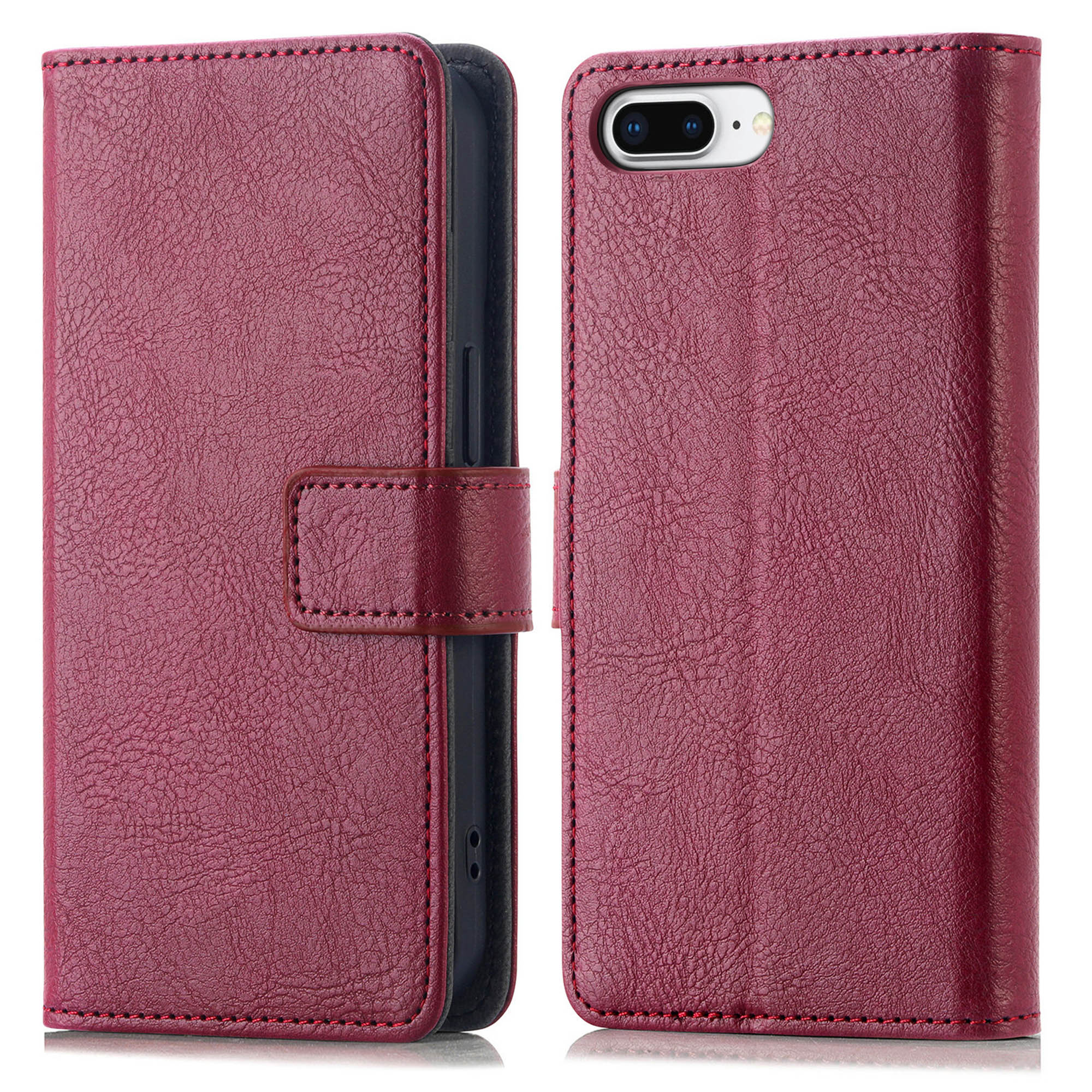 Un étui de téléphone, fermé et ouvert. Il est de couleur bordeaux avec des coutures.
