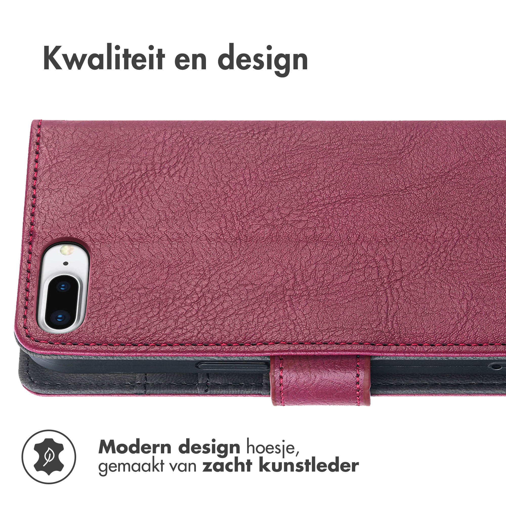 Coque de téléphone bordeaux avec un téléphone à l'intérieur. Le texte mentionne un design moderne, en similicuir souple.