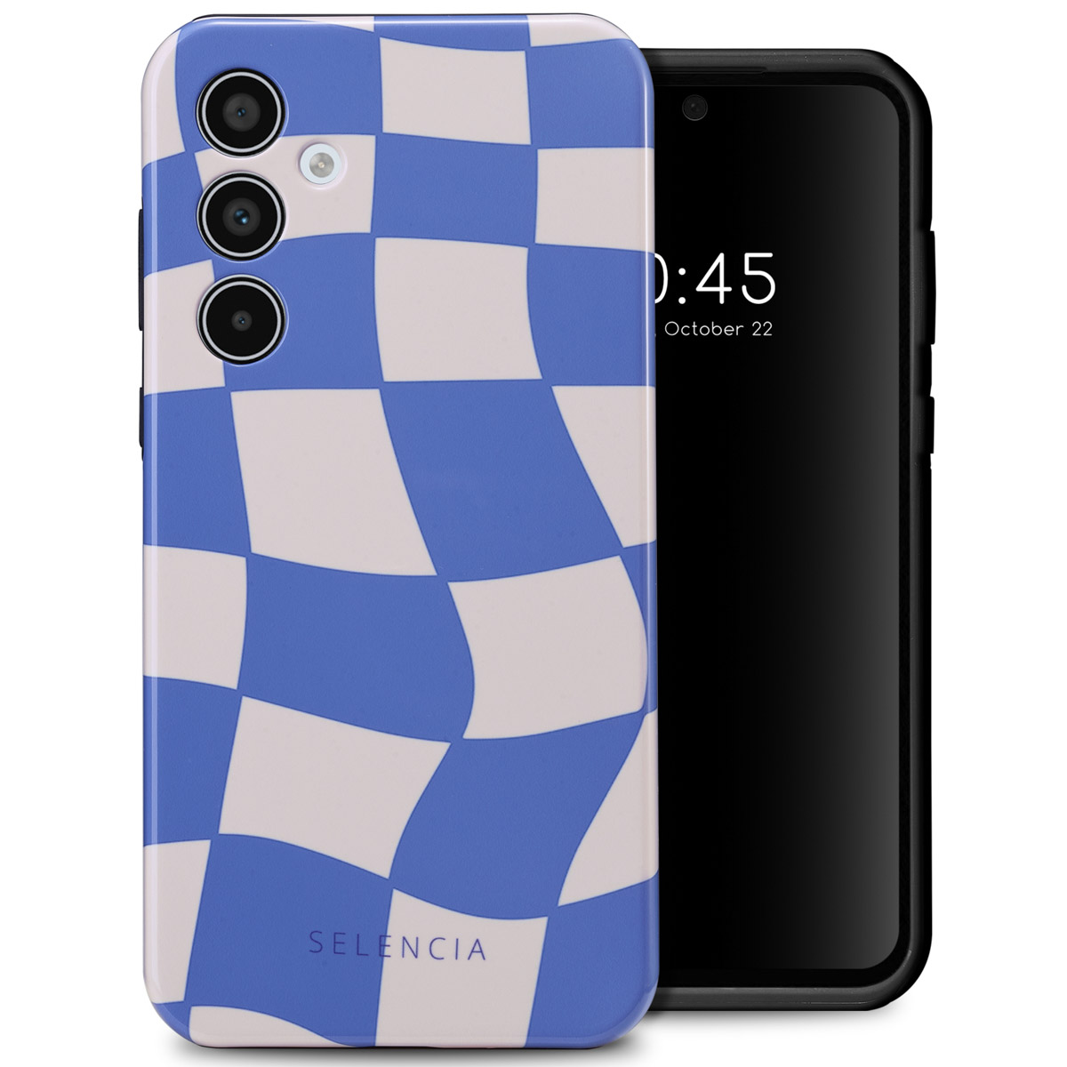 Coque de téléphone avec un motif à carreaux bleus et blancs. Un téléphone est placé à l'intérieur de la coque, montrant l'écran.