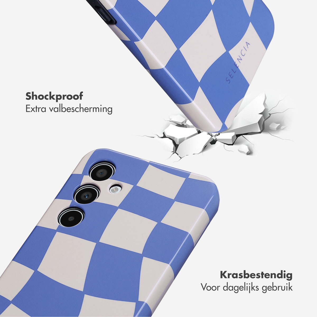 Coque avec motif damier bleu et blanc. Texte: Antichoc, protection supplémentaire. Résistant aux rayures.