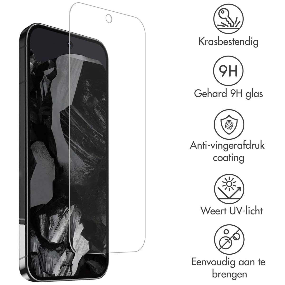 Phone screen protector. Clear glass with icons, showing features, next to a phone.