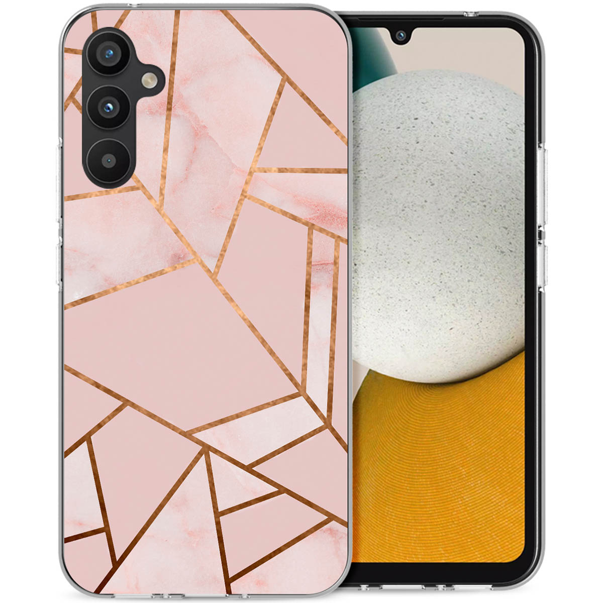 Coque de téléphone rose avec design géométrique de lignes dorées. Téléphone visible. Détails de la coque visibles.