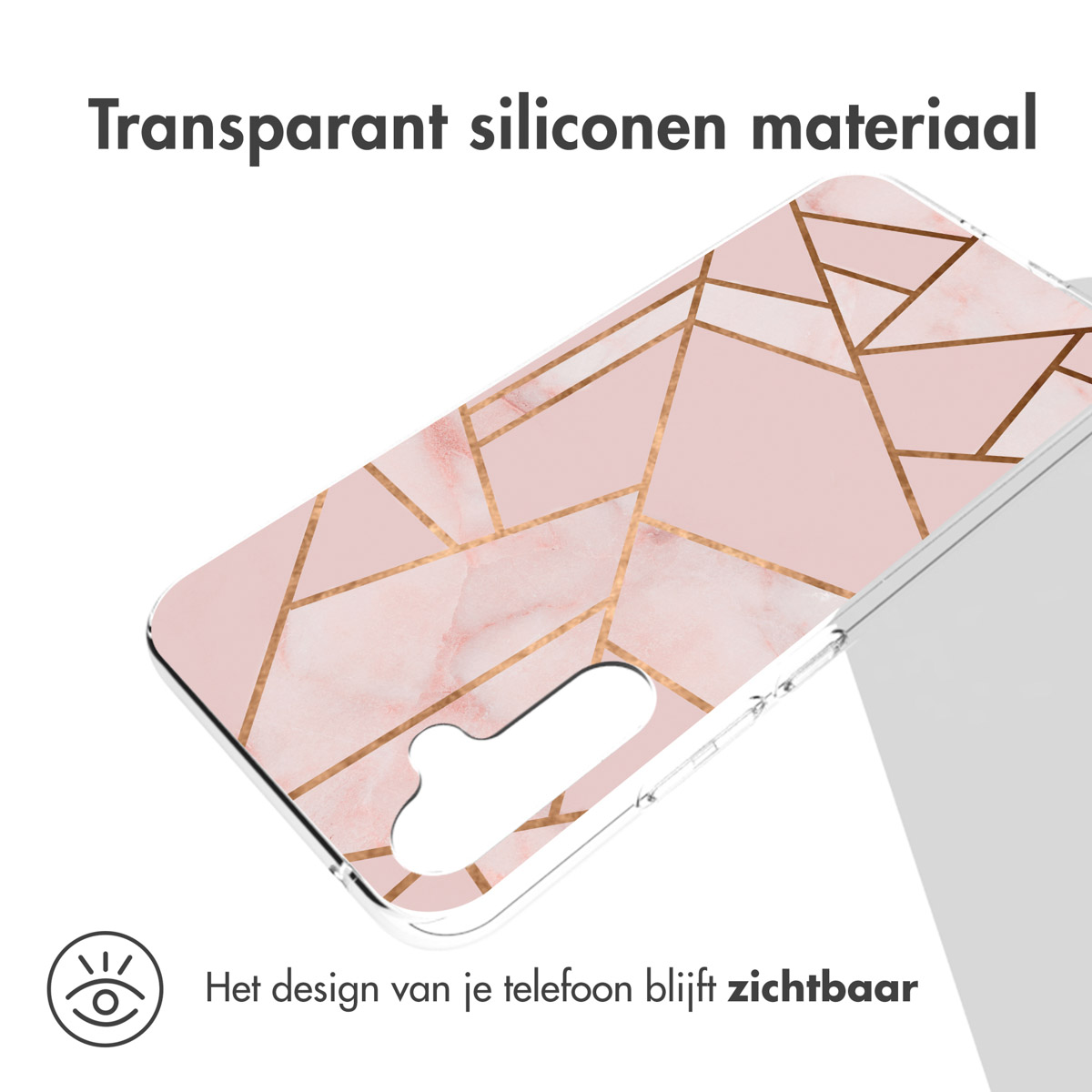 Coque de téléphone avec un motif marbre rose et des lignes dorées.