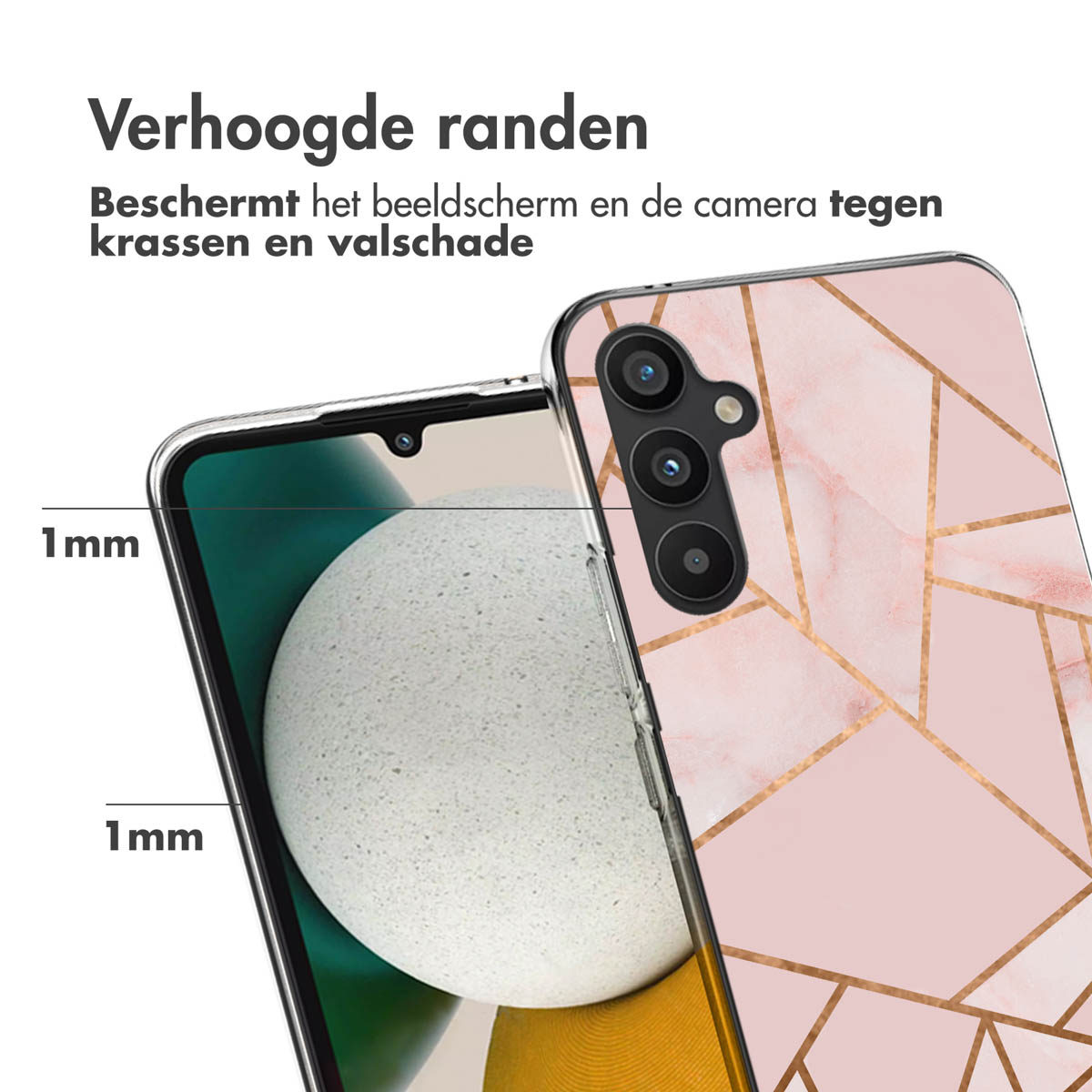 Coque de téléphone, vue arrière. Design marbre rose avec lignes dorées. Montre la zone de la caméra.