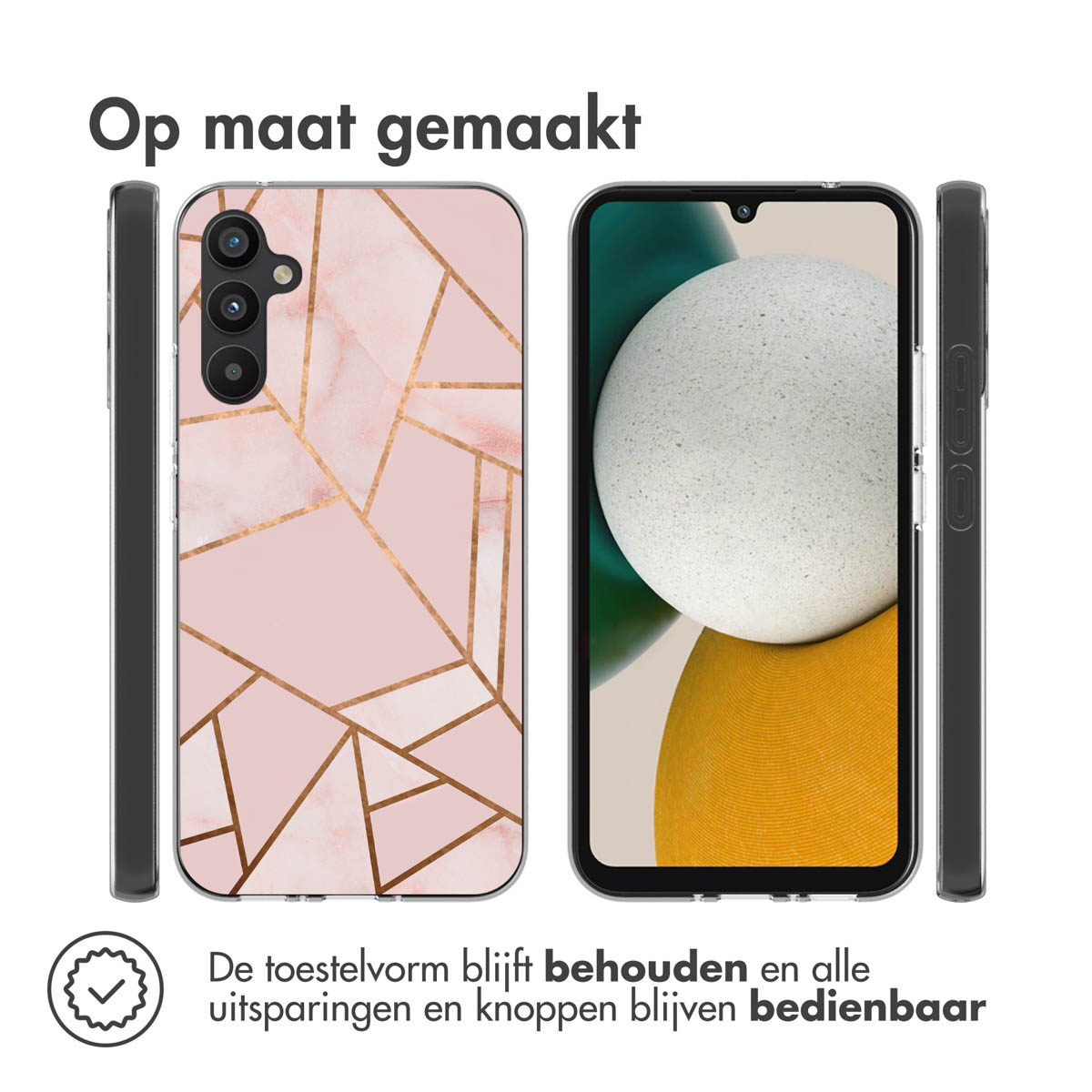 Coque de téléphone rose avec motif géométrique doré. Téléphone à l'intérieur, coque à côté.