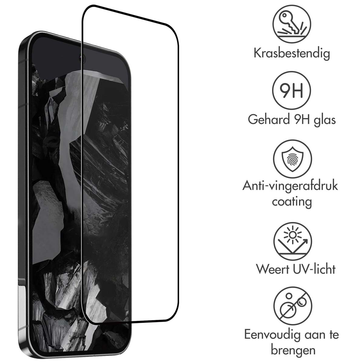 Smartphone met glazen schermbeschermer. Kenmerken: krasbestendig, 9H glas, anti-vingerafdruk, UV-bescherming.