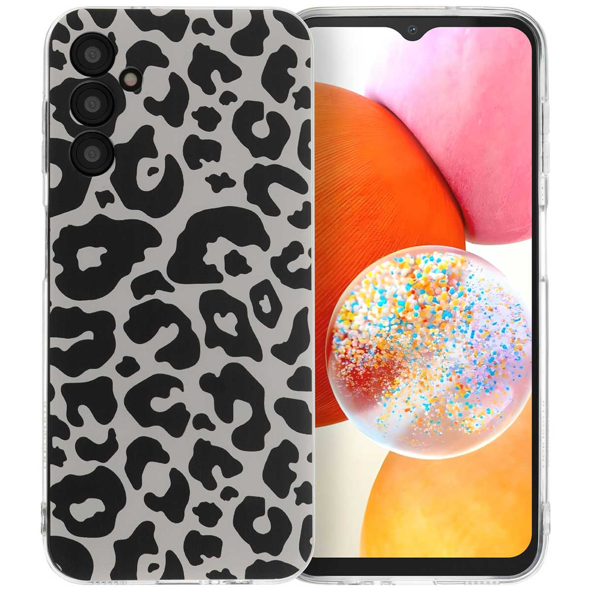 Telefoonhoesje met zwarte luipaardprint op een telefoon, met een oranje en blauwe achtergrond.