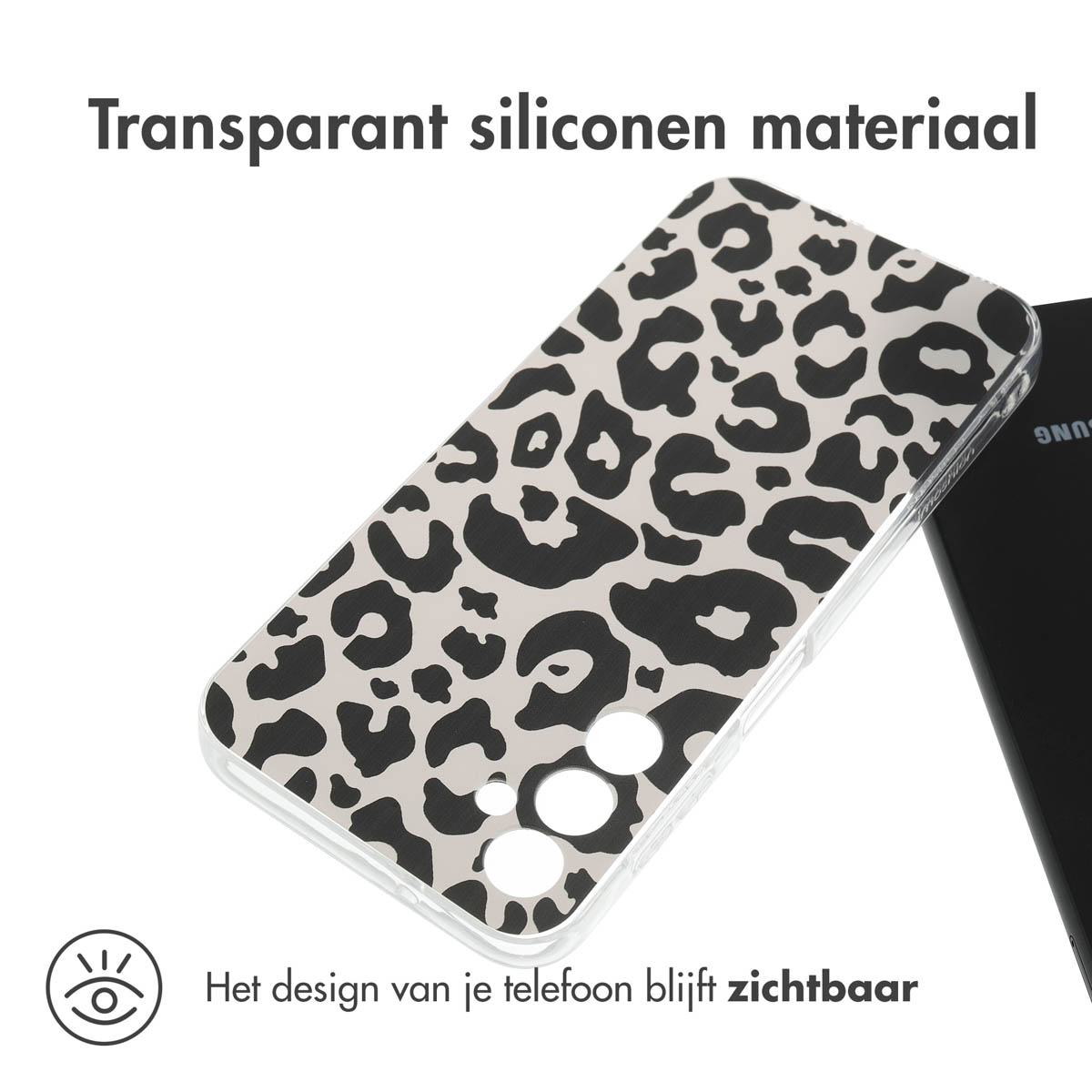 Telefoonhoesje met een luipaardpatroon. De telefoon is zichtbaar door de hoes.
