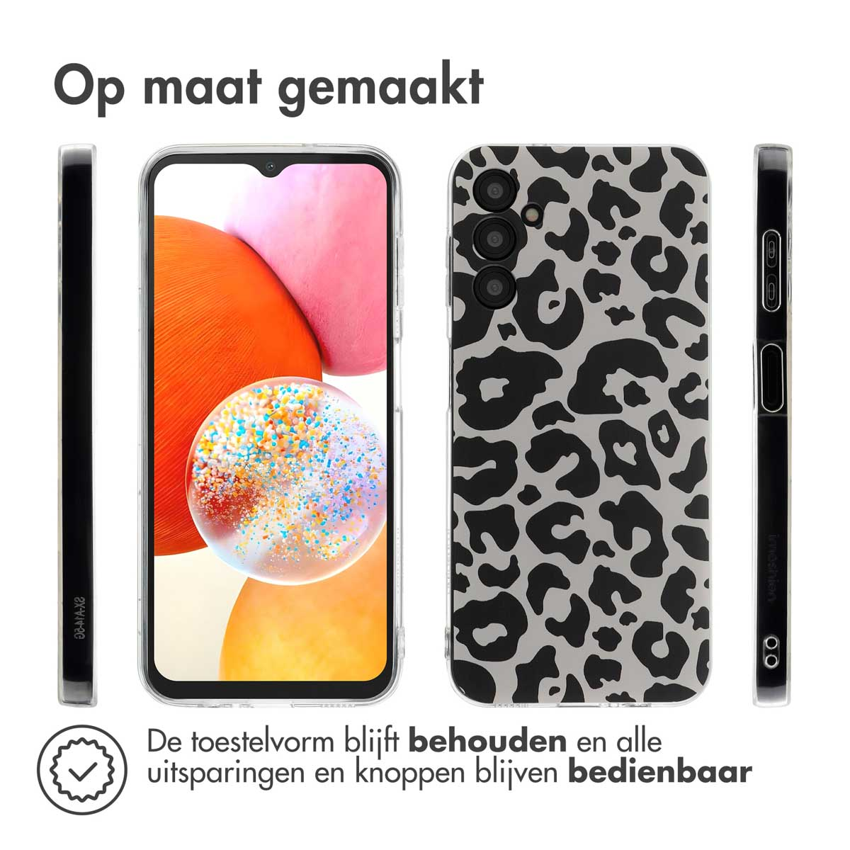 Telefoonhoesje met luipaardprint op de achterkant en telefoon erin, zwarte randen, transparant frame, telefoonhoesje.