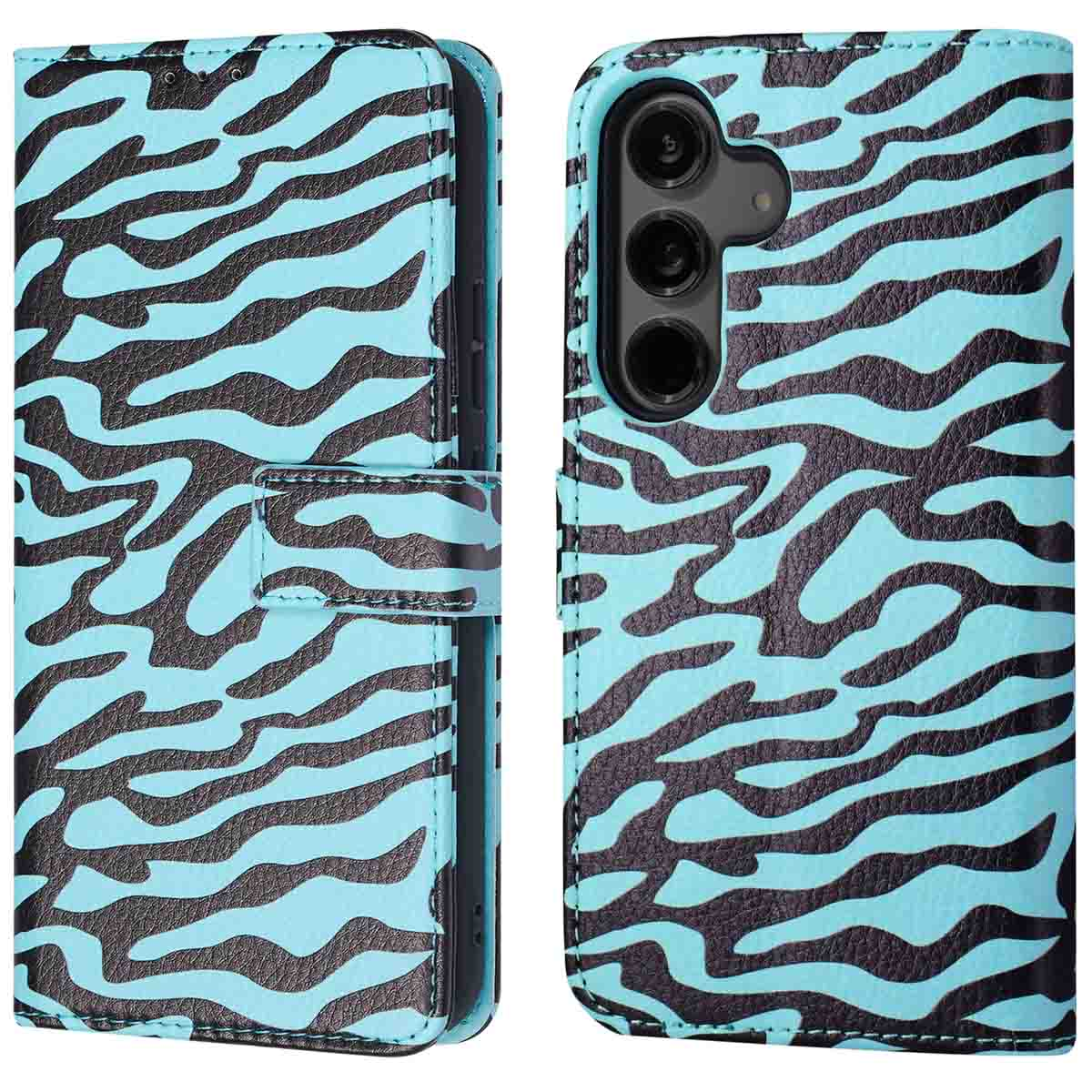 Blauw-zwarte zebraprint telefoonhoes. Open en dicht.