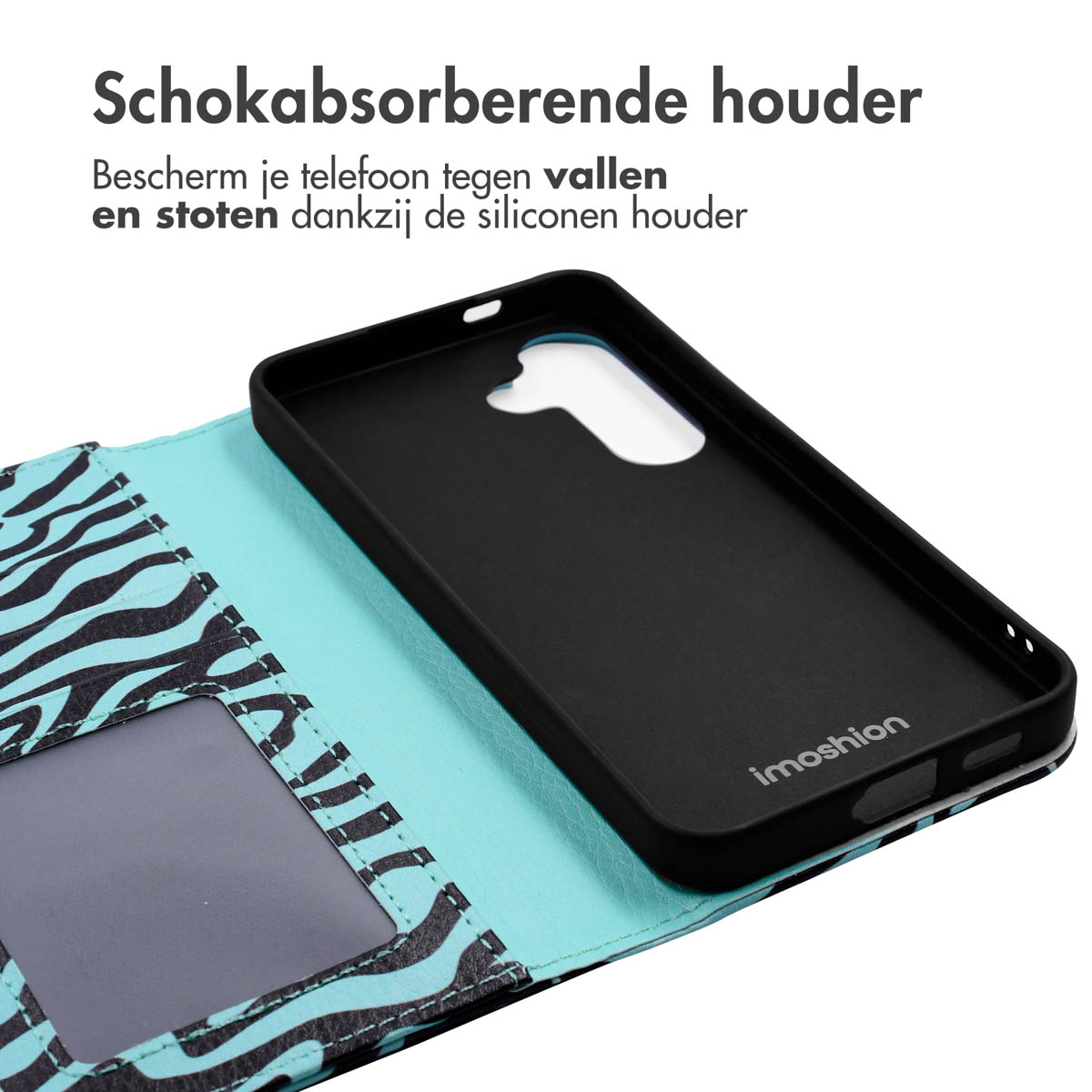 Een telefoonhoesje met een zebraprint ontwerp en een telefoon erin. De case is open.