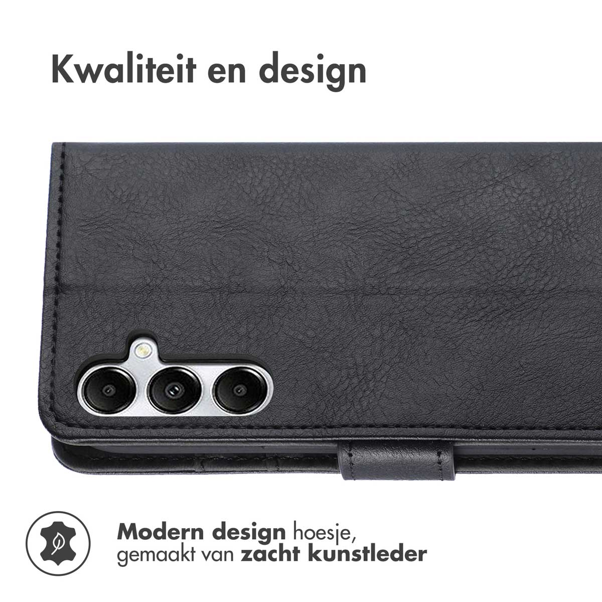 Zwart lederen telefoonhoesje met flap en telefoon erin. De flap heeft een magnetische sluiting.