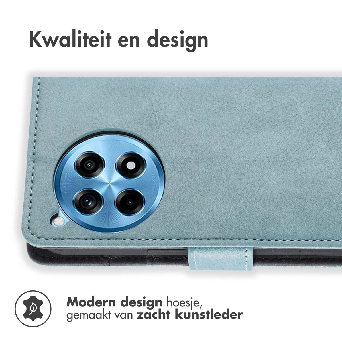 Een telefoonhoesje in blauw, geopend. Het is gemaakt van zacht kunstleer.