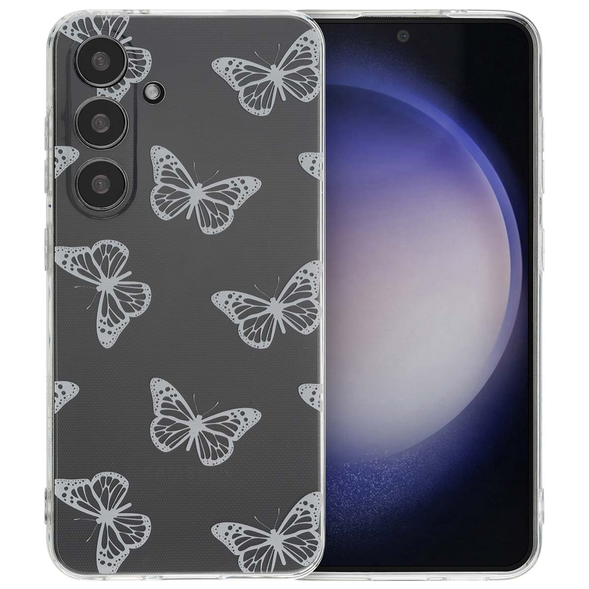 Telefoonhoesje met een vlinderpatroon op een donkere achtergrond. De telefoon is zichtbaar.