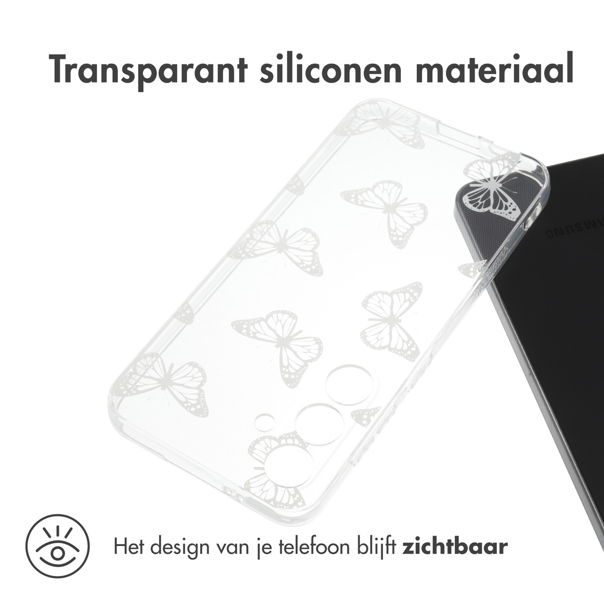 Transparante telefoonhoes met een vlinderpatroon. Het ontwerp van de telefoon is zichtbaar.