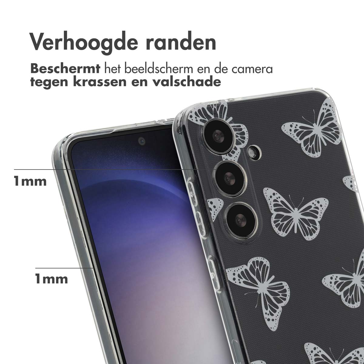 Een telefoon met een transparante hoes met een wit vlinderontwerp. De hoes heeft een zwarte achtergrond. De hoes heeft een 1 mm verhoogde rand.