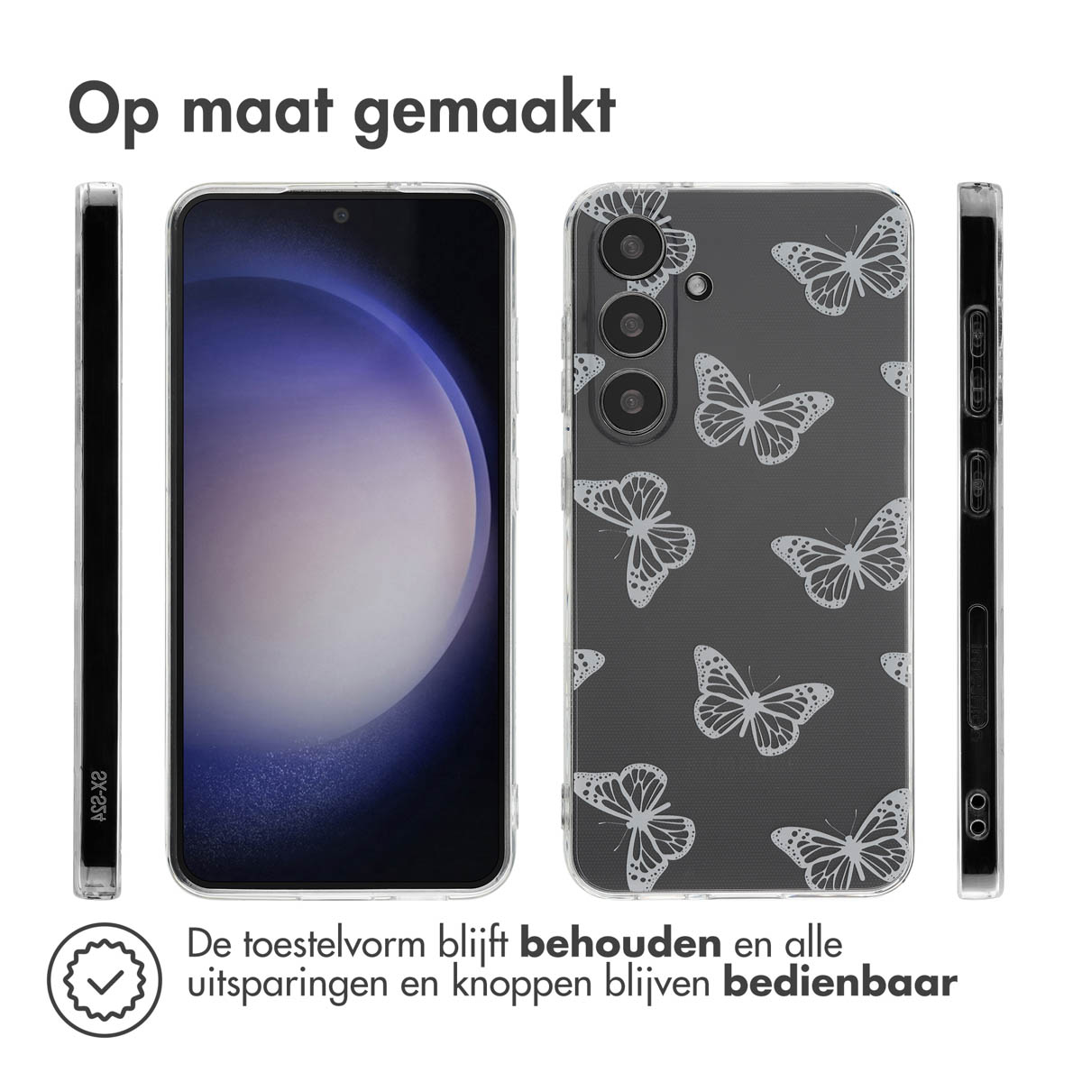 Telefoonhoesjes, drie aanzichten, met een vlinderontwerp op een transparante hoes.