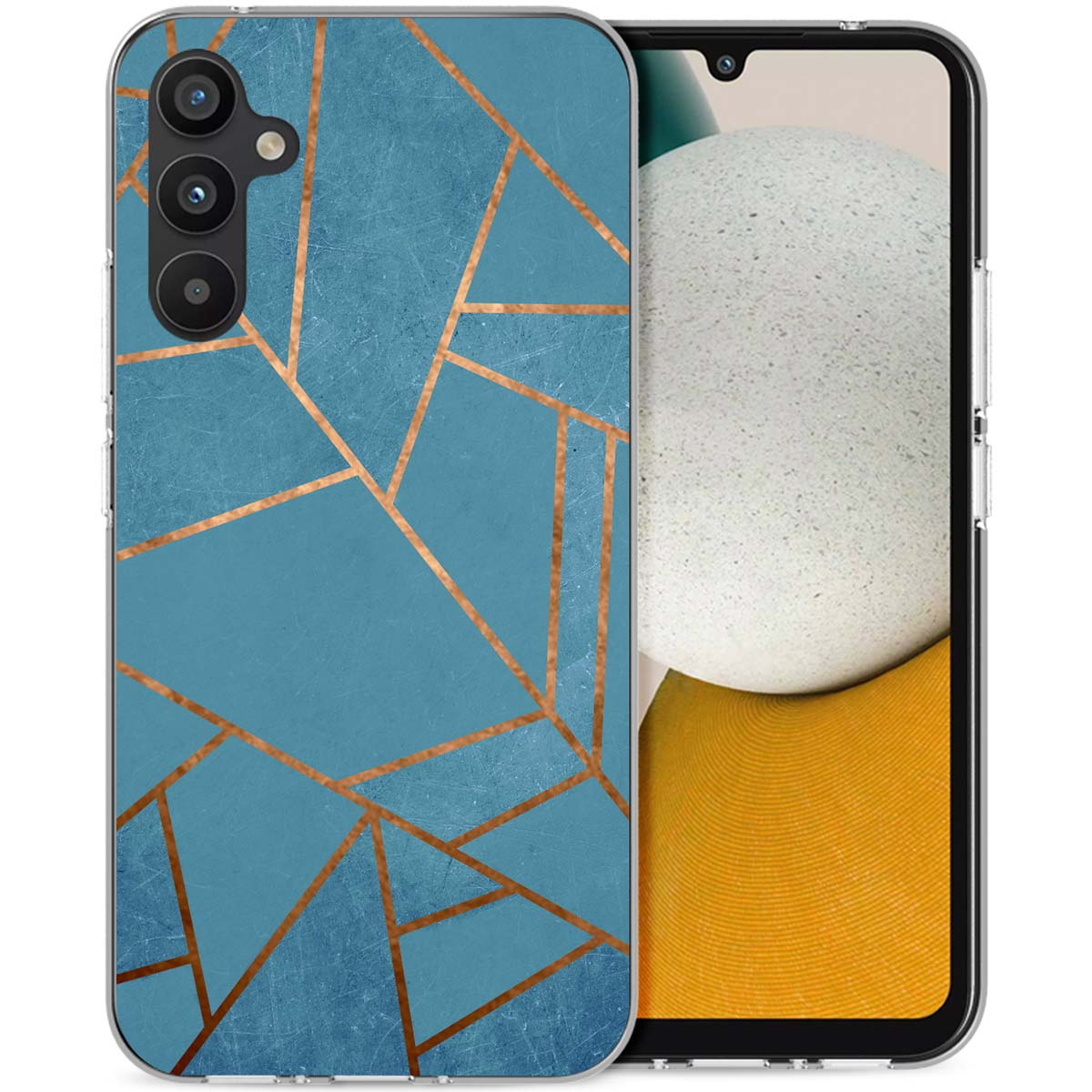 Telefoonhoesje met een blauw geometrisch patroon. De telefoon is zichtbaar, met een doorzichtig hoesje en de camera zichtbaar.