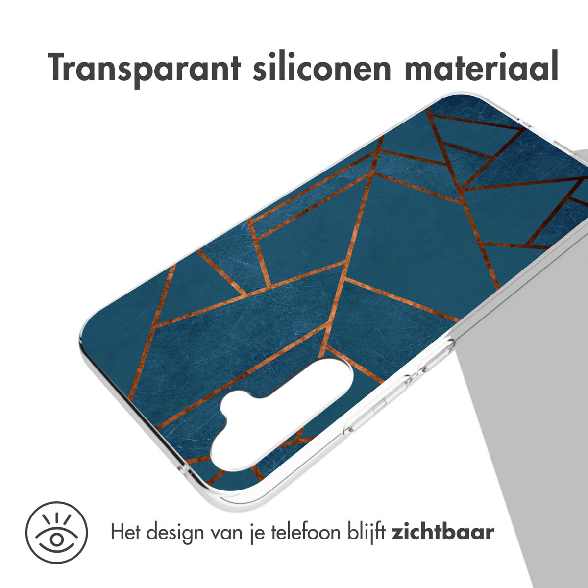 Een telefoonhoesje met een blauw geometrisch ontwerp op een transparante achtergrond. Tekst: Transparant siliconen materiaal.